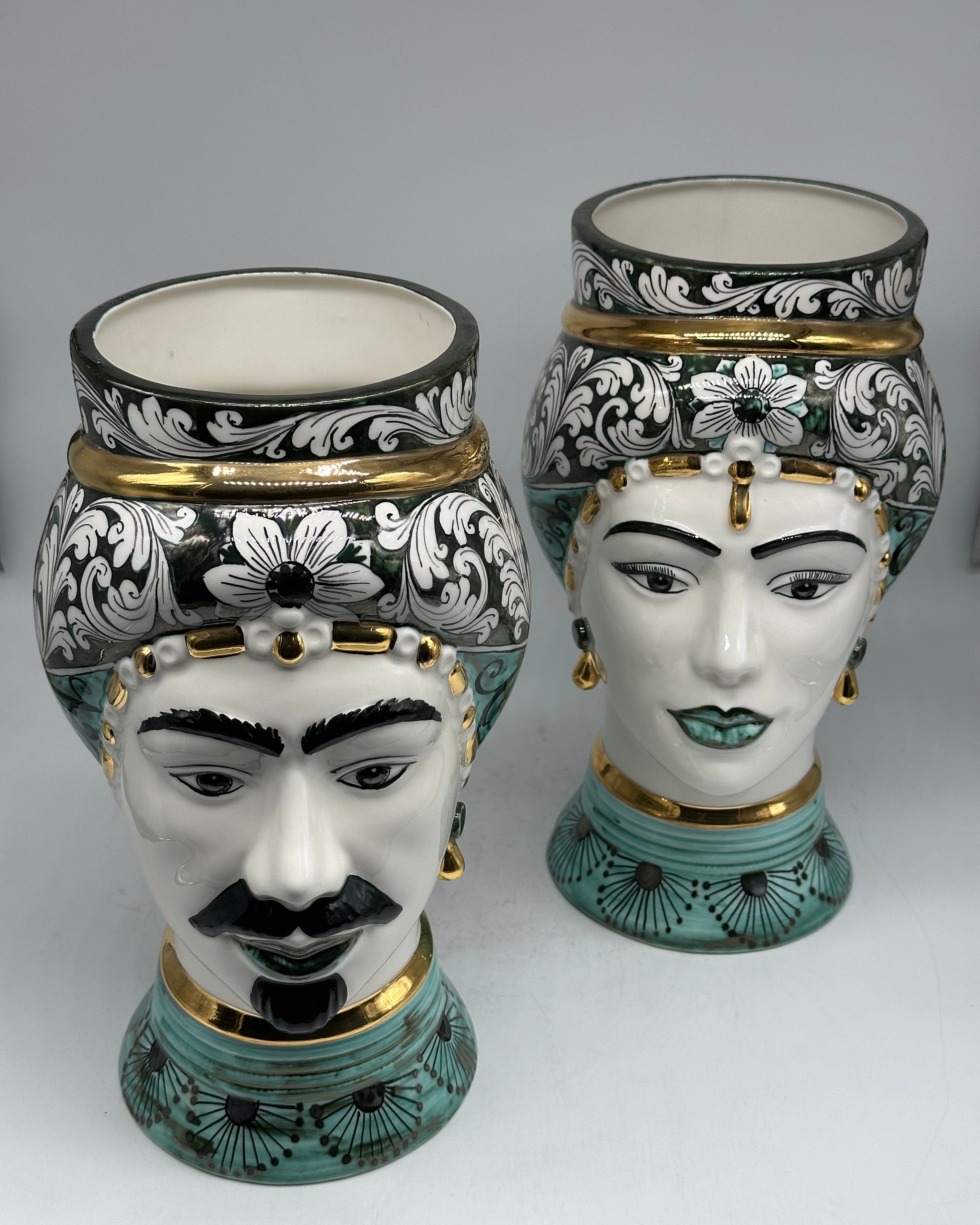 Teste di Moro Token Ceramica Caltagirone cm H.31 L.18 Artigianale Toni Verde Oro