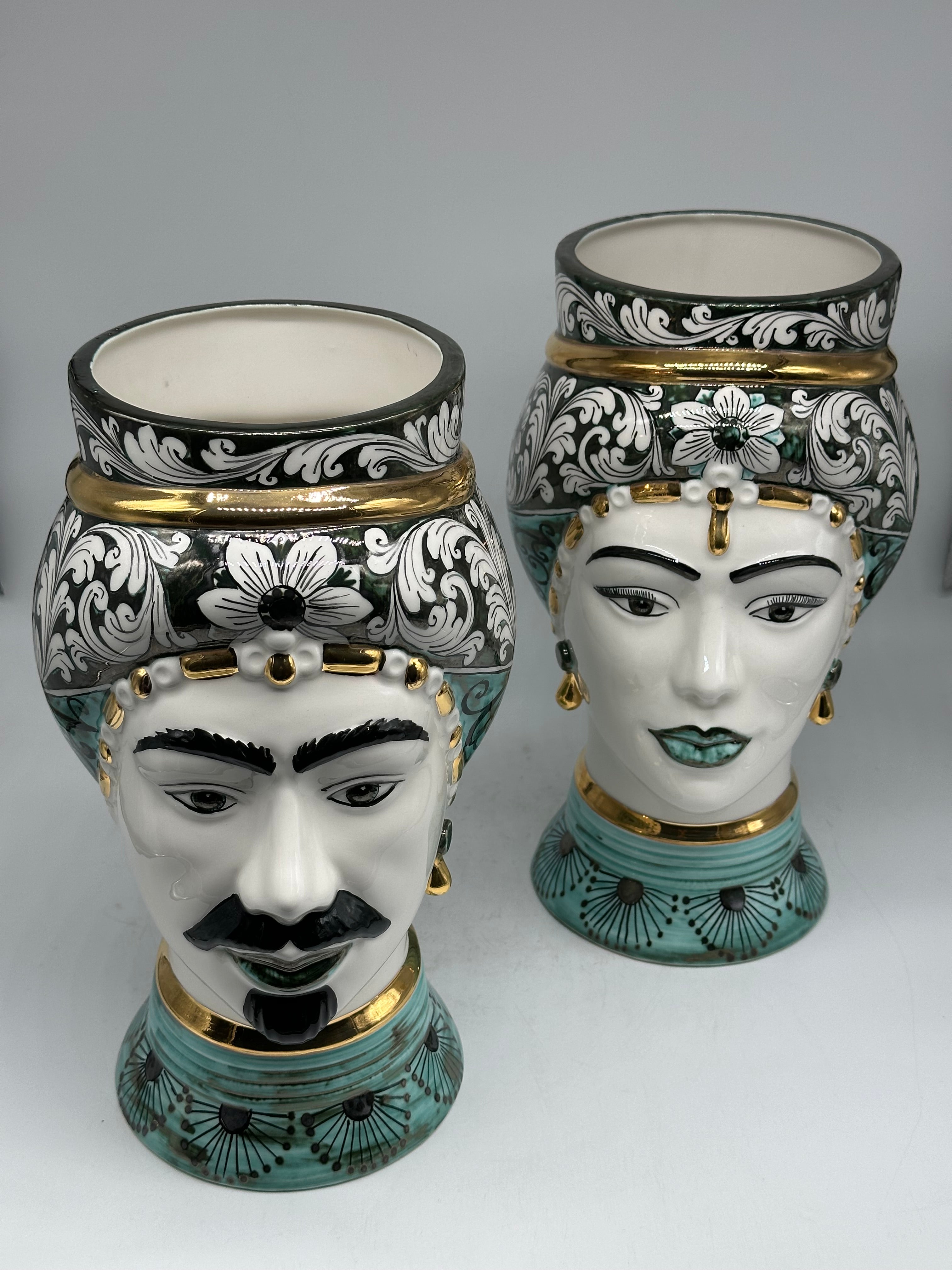 Teste di Moro Token Ceramica Caltagirone cm H.31 L.18 Artigianale Toni Verde Oro