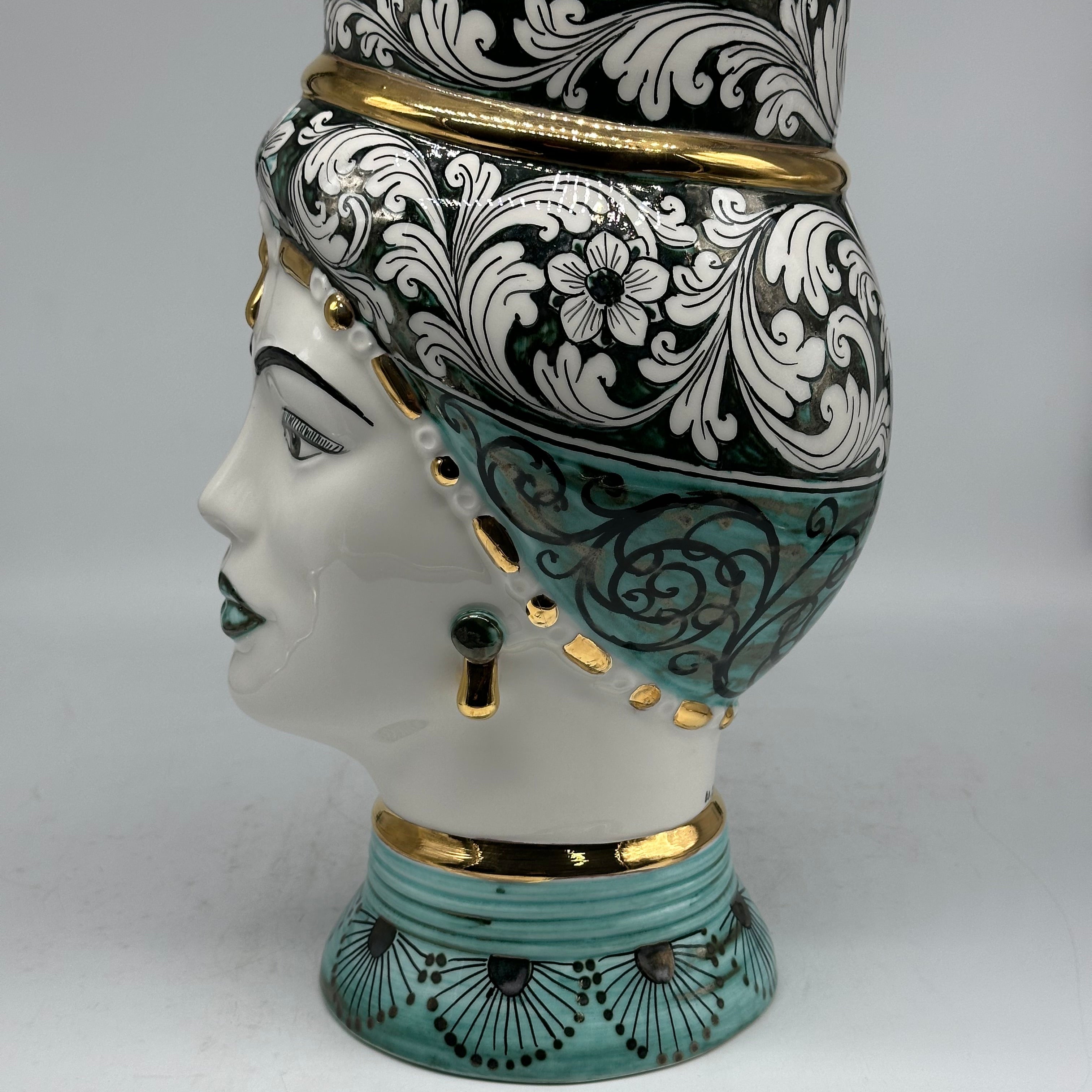 Teste di Moro Token Ceramica Caltagirone cm H.31 L.18 Artigianale Toni Verde Oro