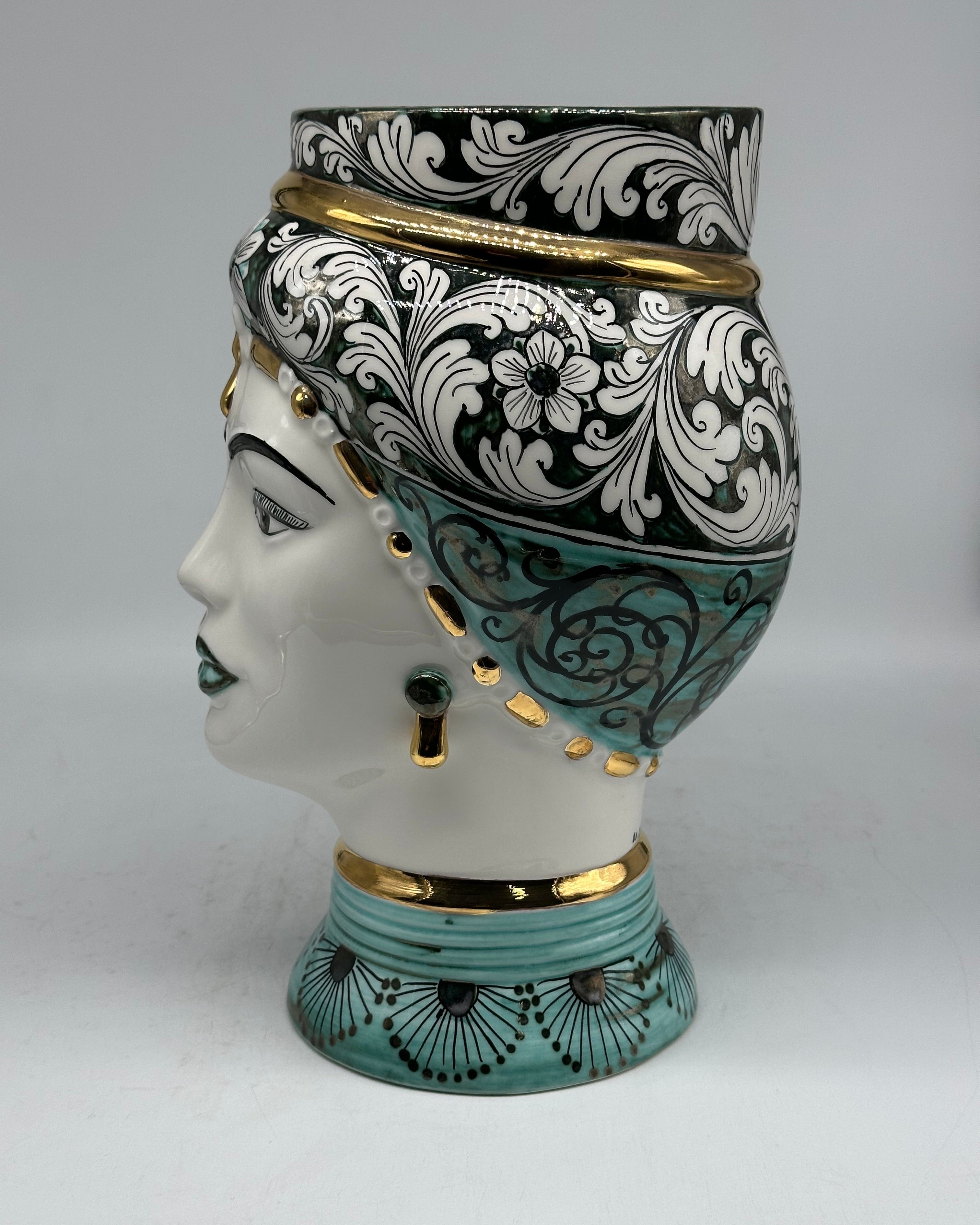 Teste di Moro Token Ceramica Caltagirone cm H.31 L.18 Artigianale Toni Verde Oro