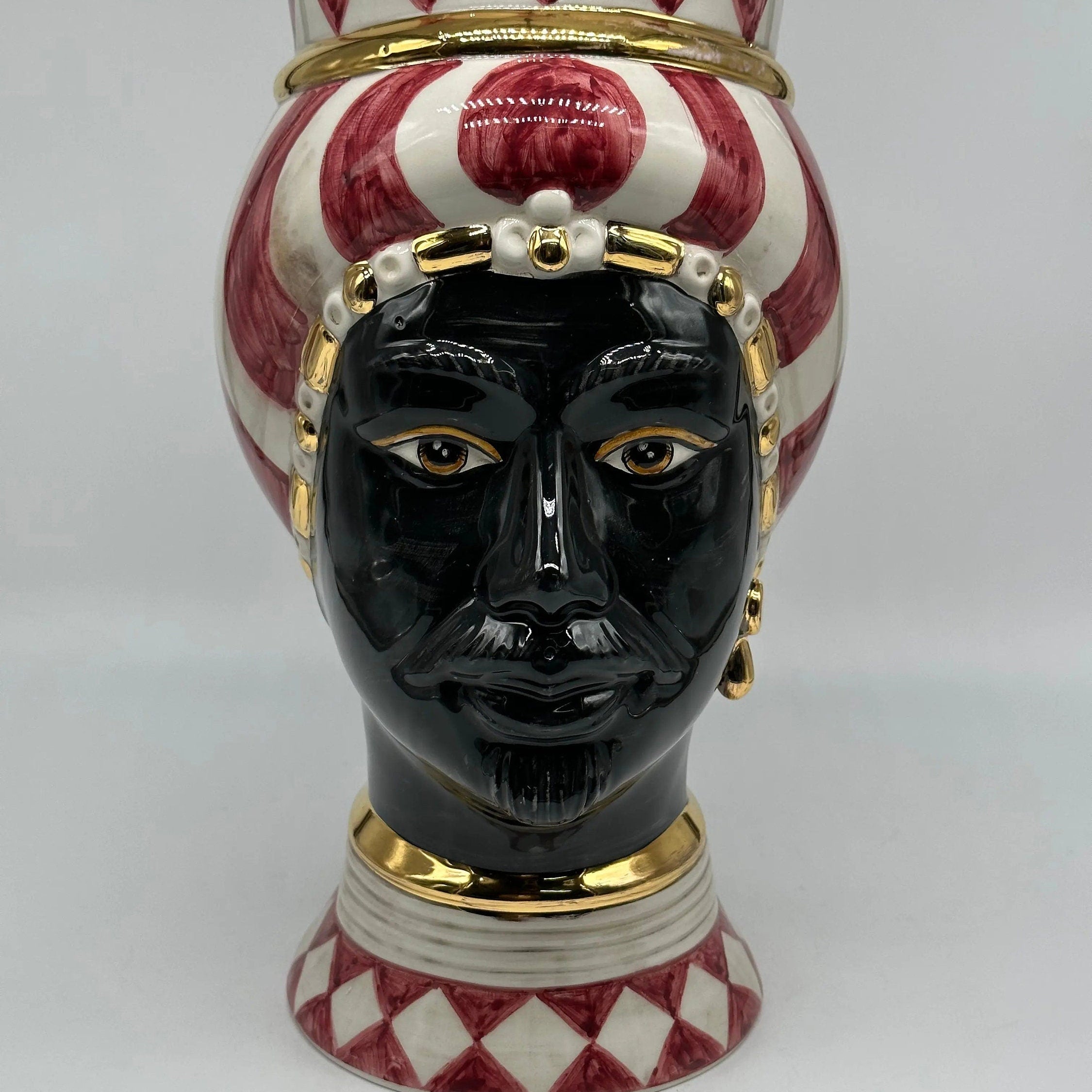 Teste di Moro Token Ceramica Caltagirone cm H.31 L.18 Artigianale Bianco Bordeaux Oro DD CERAMICHE SICILIANE