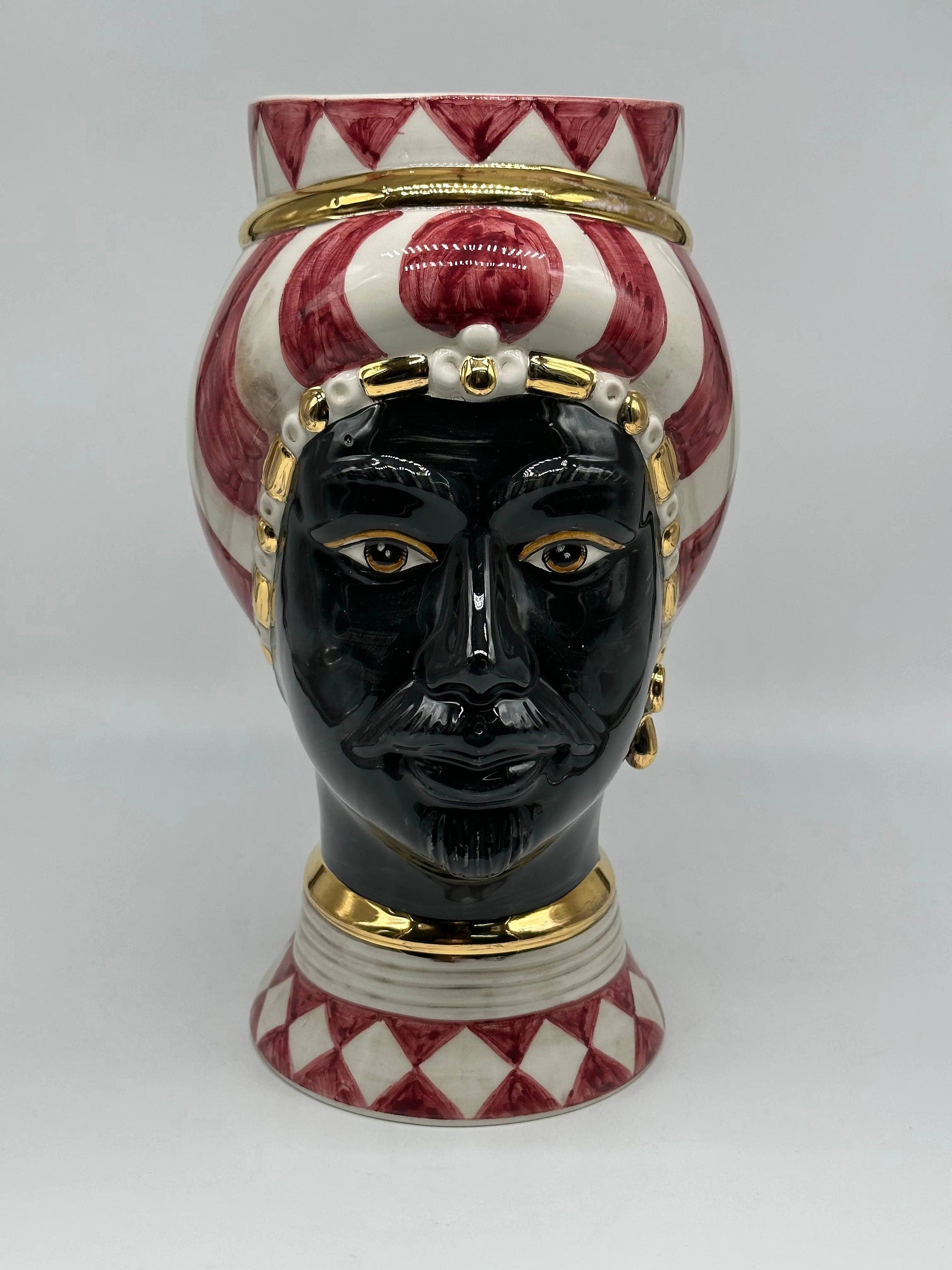 Teste di Moro Token Ceramica Caltagirone cm H.31 L.18 Artigianale Bianco Bordeaux Oro DD CERAMICHE SICILIANE