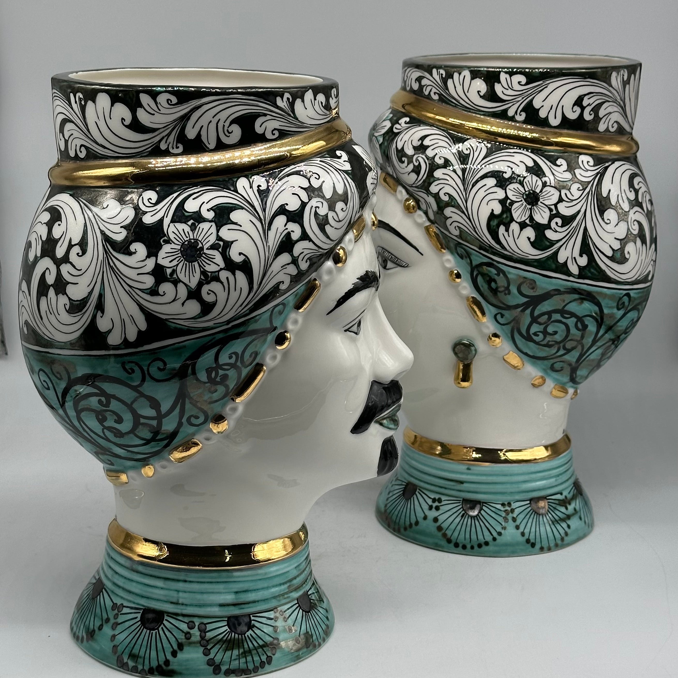 Teste di Moro Token Ceramica Caltagirone cm H.31 L.18 Artigianale Toni Verde Oro