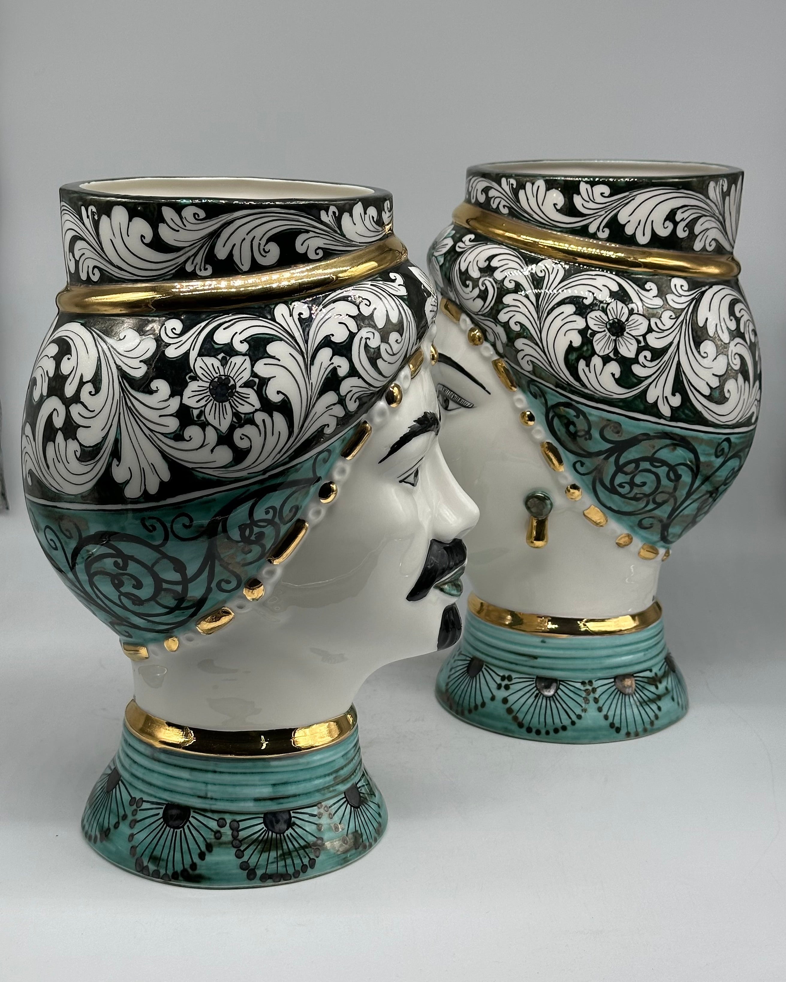 Teste di Moro Token Ceramica Caltagirone cm H.31 L.18 Artigianale Toni Verde Oro