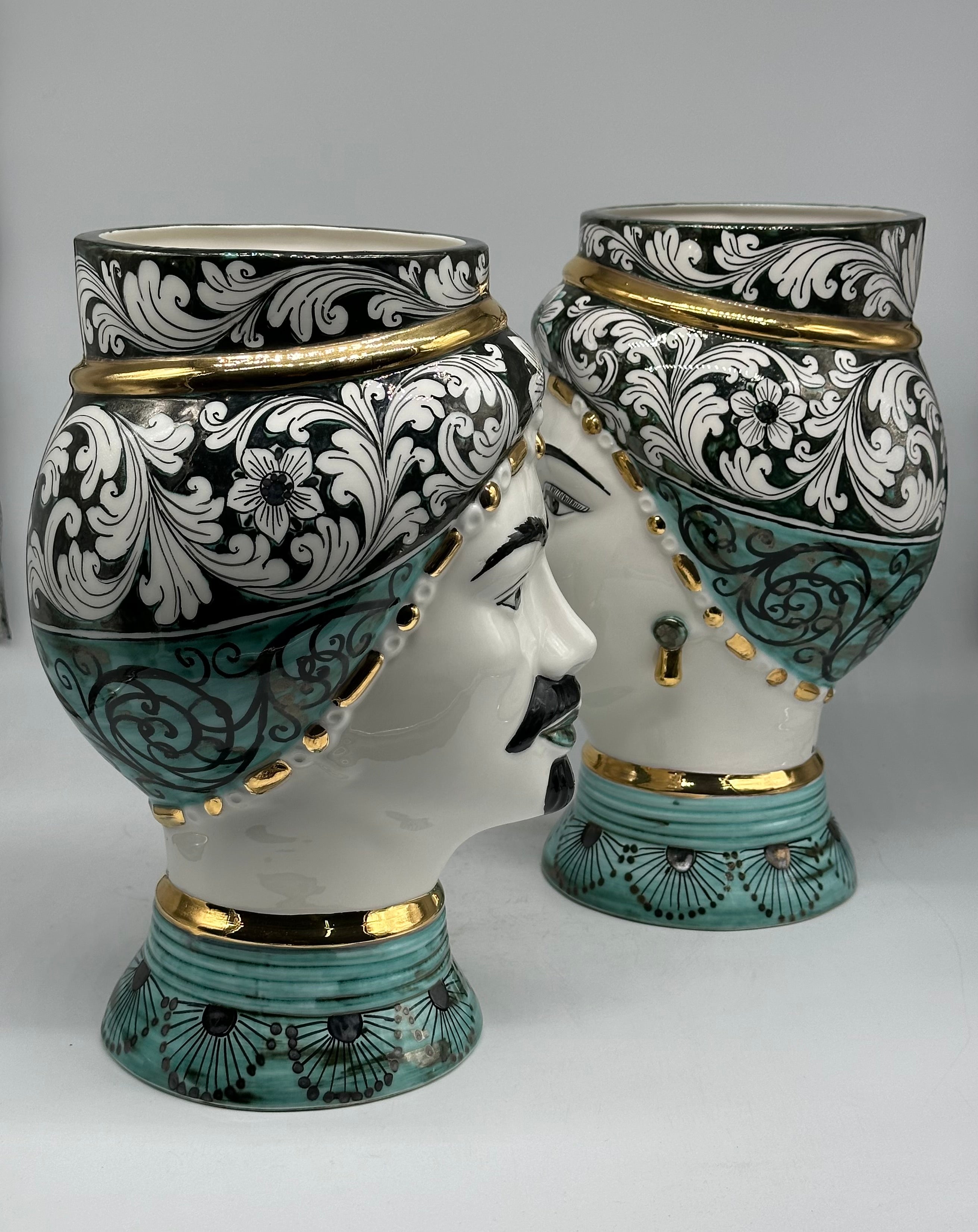 Teste di Moro Token Ceramica Caltagirone cm H.31 L.18 Artigianale Toni Verde Oro