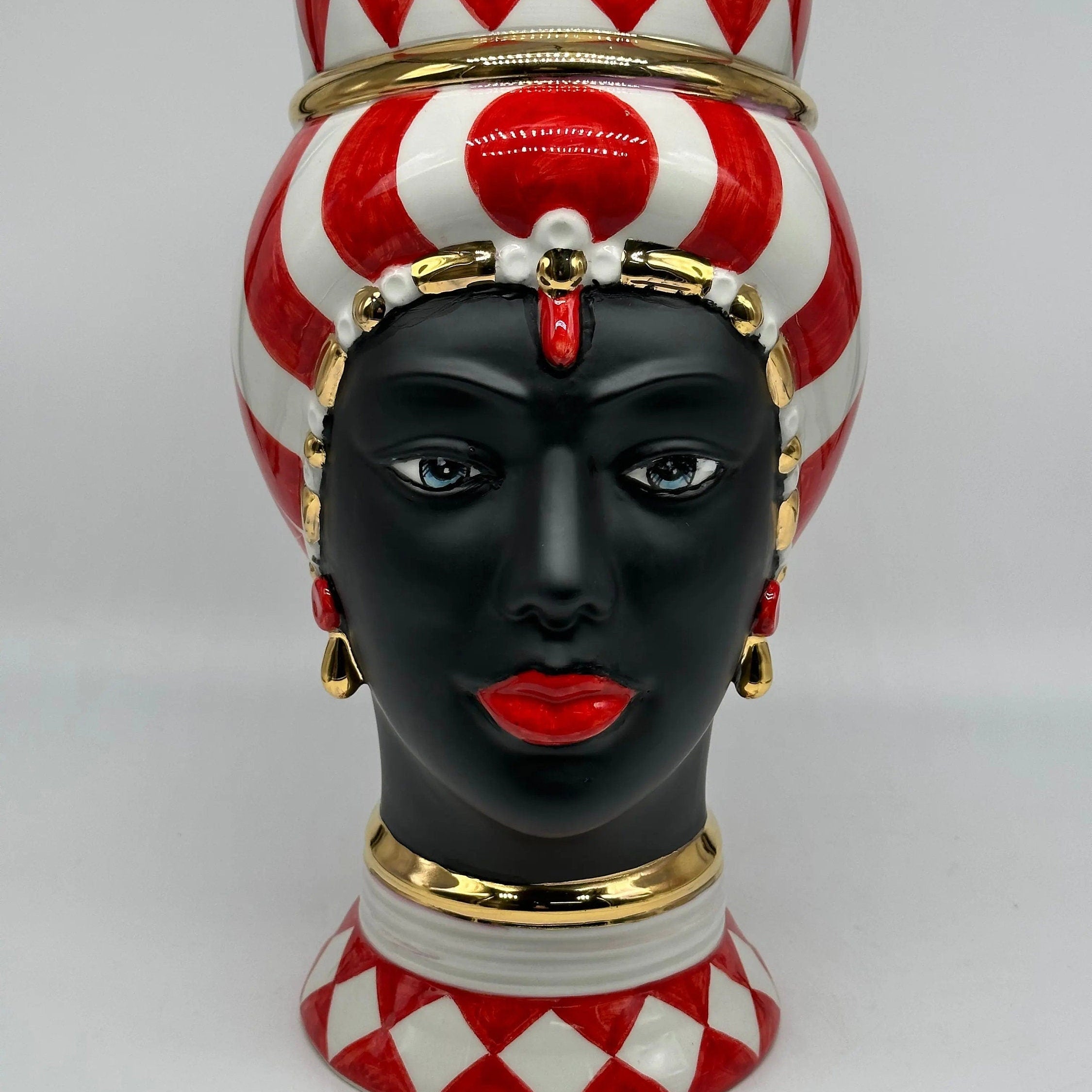 Teste di Moro Token Ceramica Caltagirone cm H.31 L.18 Artigianale Rosso Bianco Oro DD CERAMICHE SICILIANE