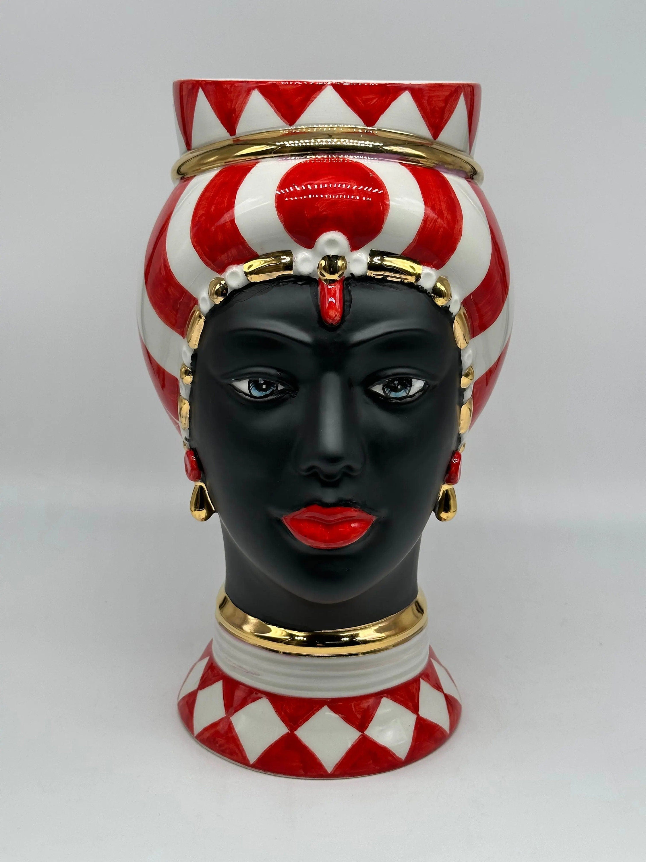 Teste di Moro Token Ceramica Caltagirone cm H.31 L.18 Artigianale Rosso Bianco Oro DD CERAMICHE SICILIANE