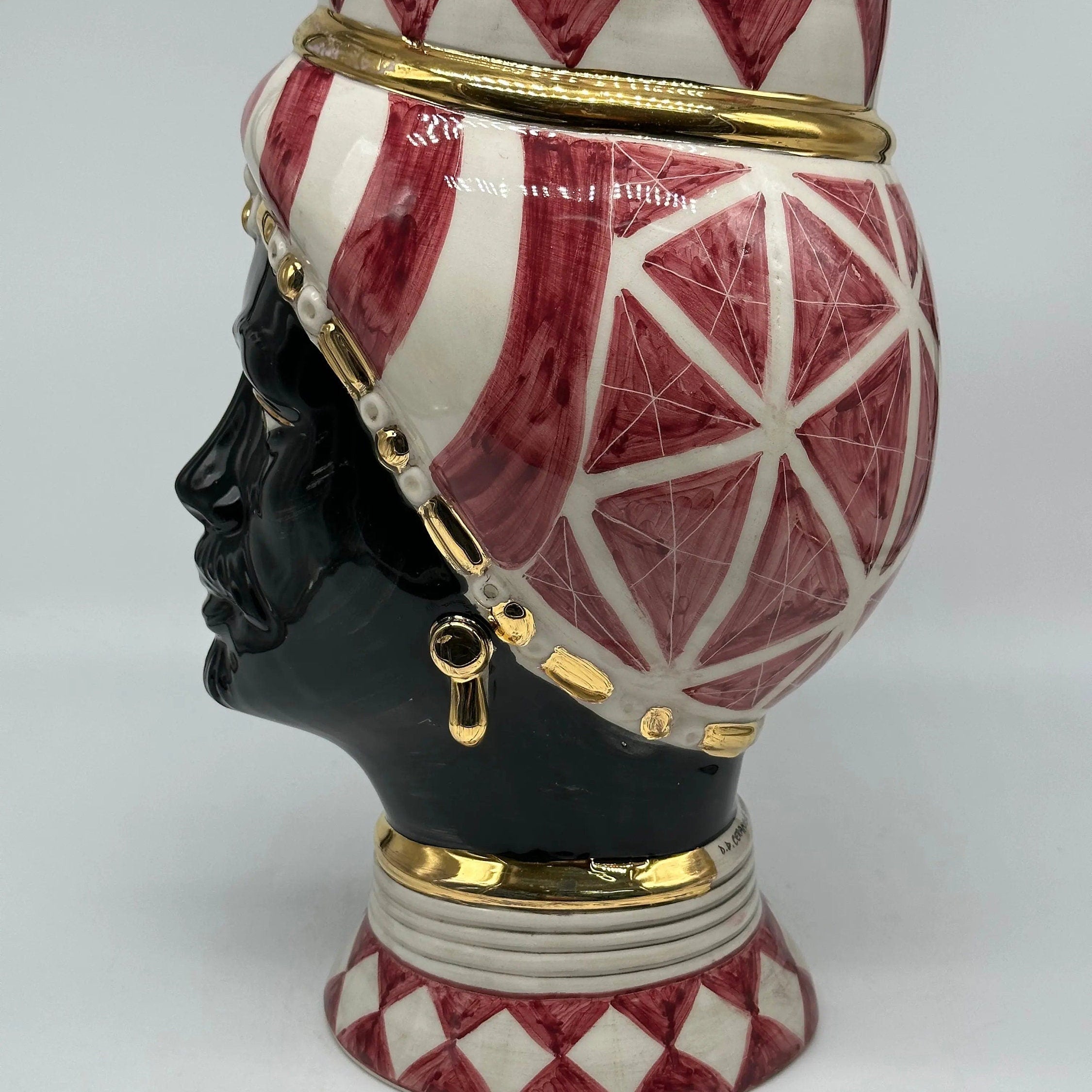 Teste di Moro Token Ceramica Caltagirone cm H.31 L.18 Artigianale Bianco Bordeaux Oro DD CERAMICHE SICILIANE
