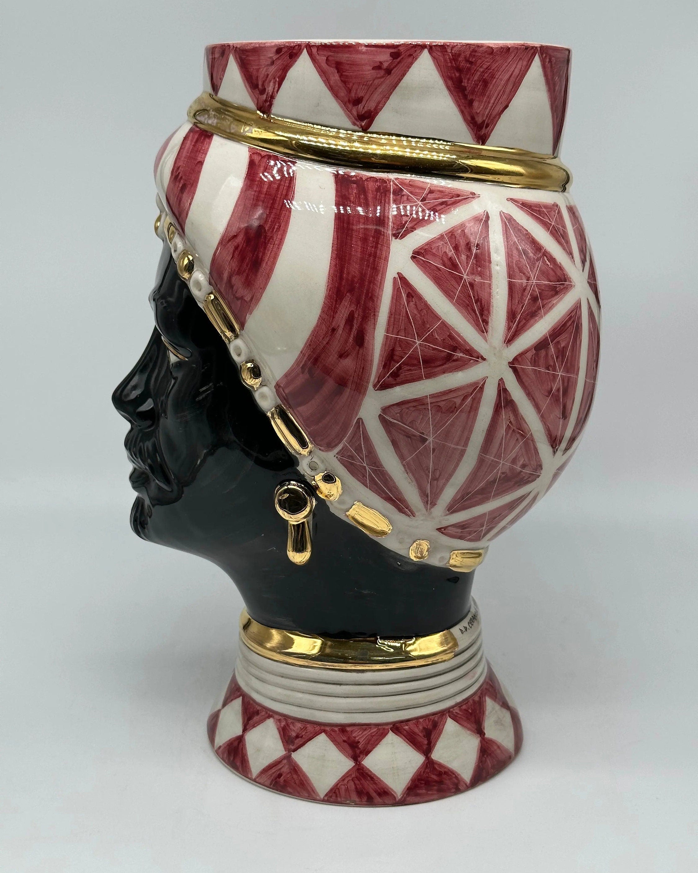 Teste di Moro Token Ceramica Caltagirone cm H.31 L.18 Artigianale Bianco Bordeaux Oro DD CERAMICHE SICILIANE