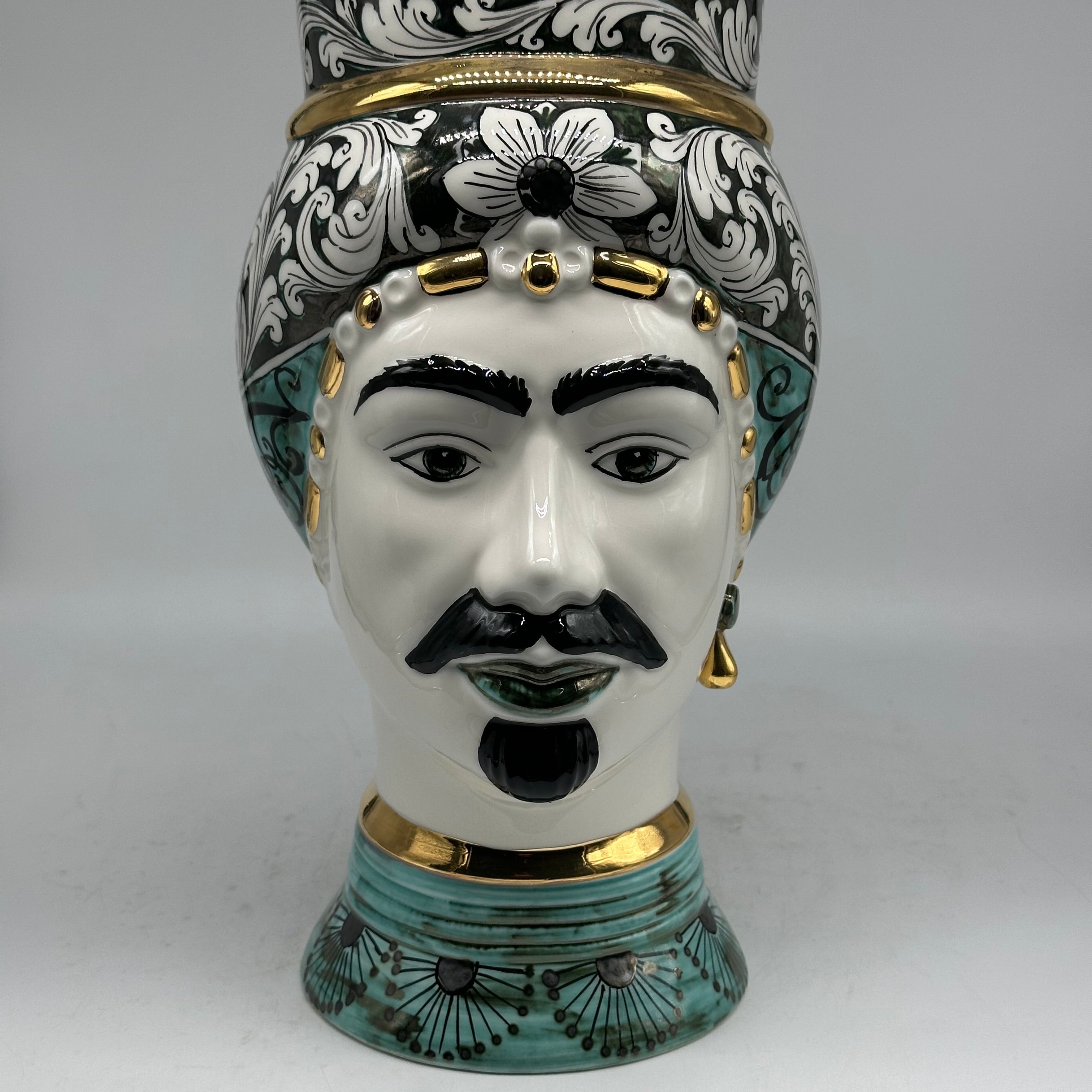 Teste di Moro Token Ceramica Caltagirone cm H.31 L.18 Artigianale Toni Verde Oro - Uomo