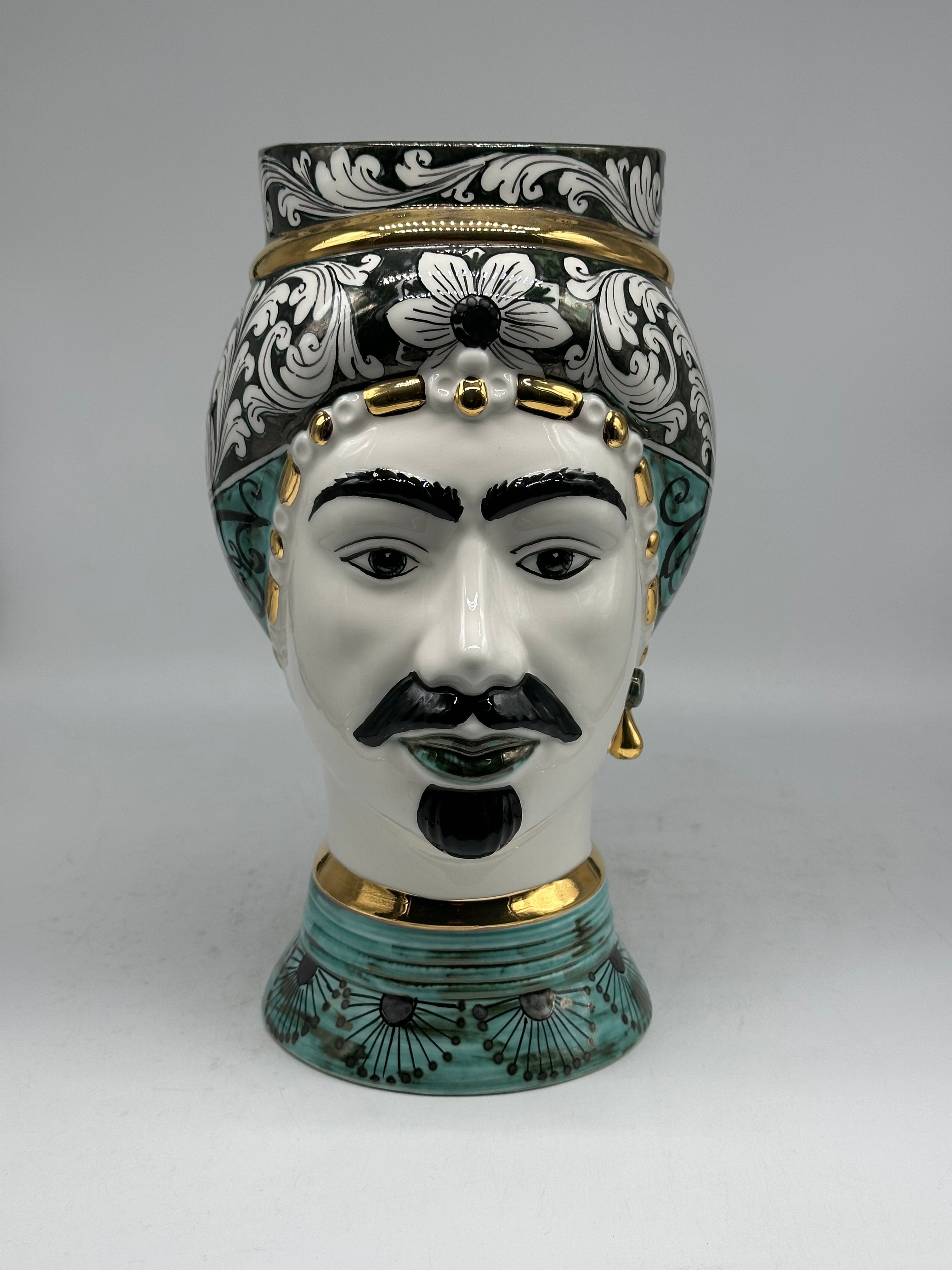 Teste di Moro Token Ceramica Caltagirone cm H.31 L.18 Artigianale Toni Verde Oro - Uomo