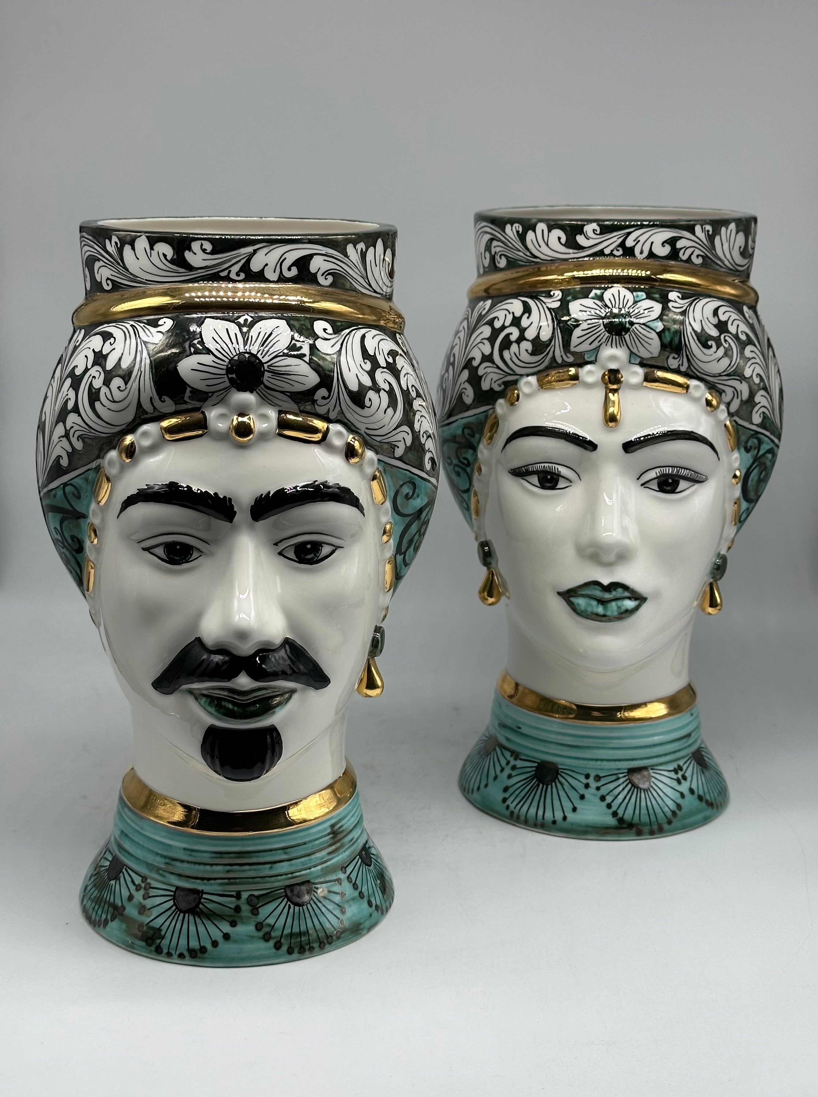 Teste di Moro Token Ceramica Caltagirone cm H.31 L.18 Artigianale Toni Verde Oro