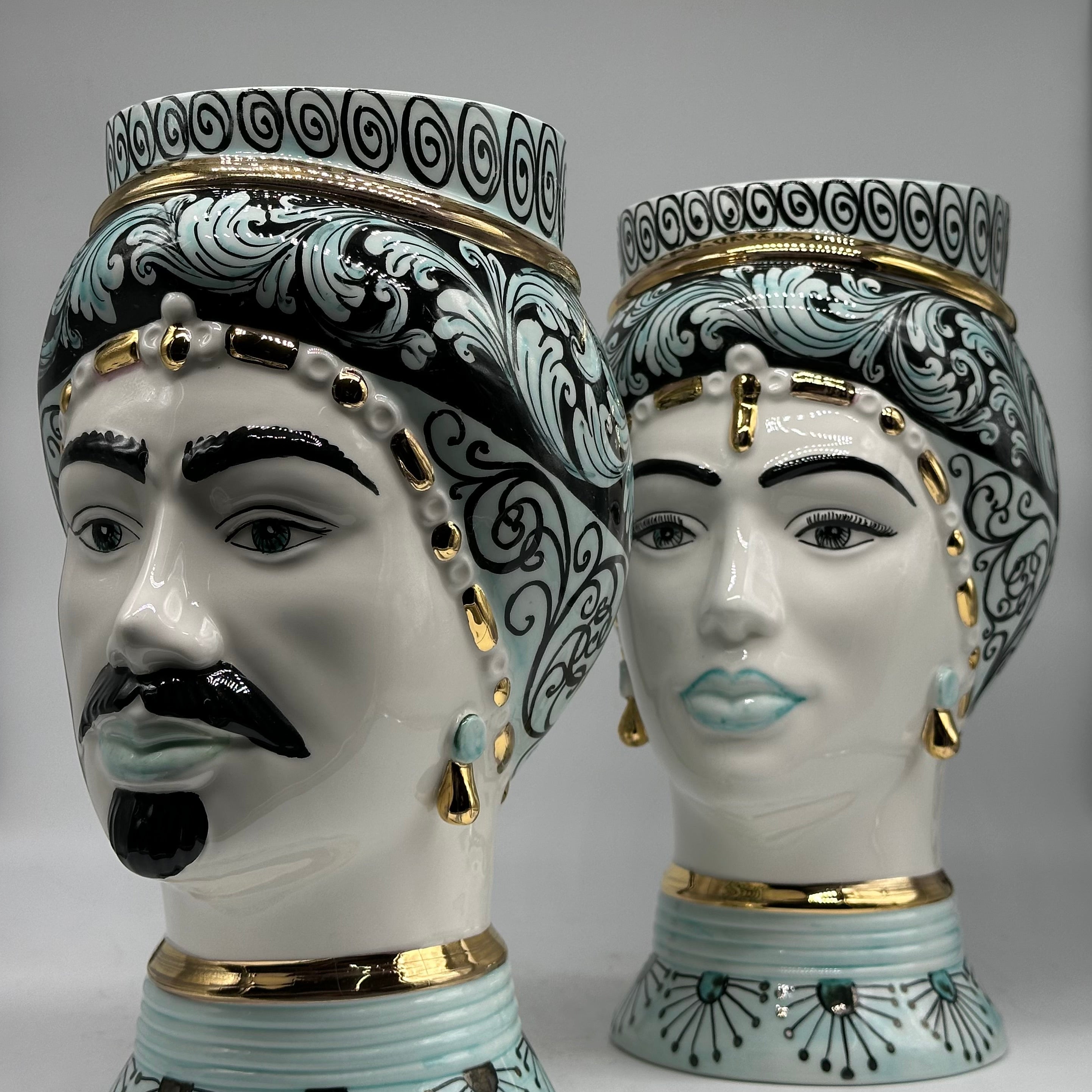 Teste di Moro Token Ceramica Caltagirone cm H.31 L.18 Artigianale Toni Verde Oro V.2