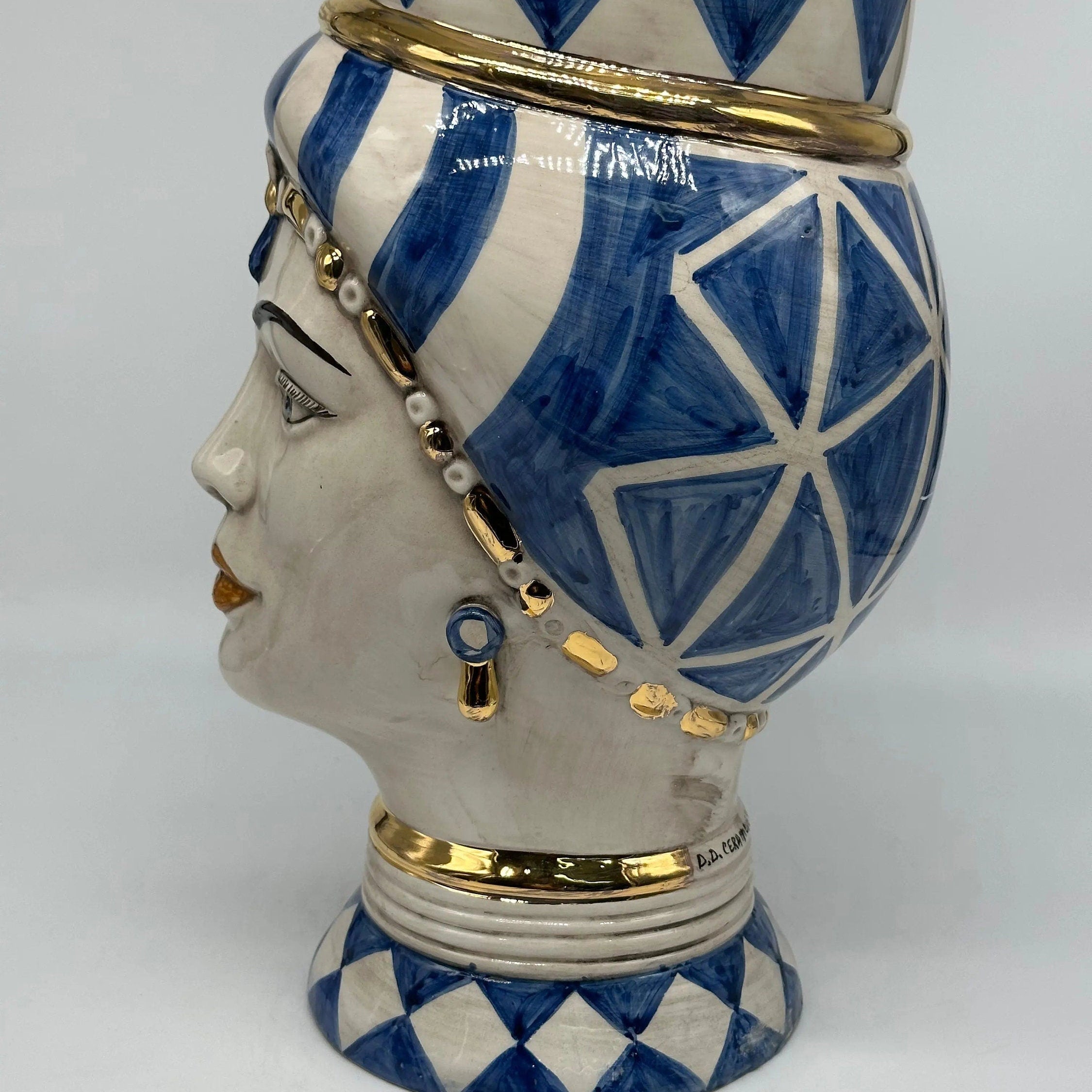 Teste di Moro Token Ceramica Caltagirone cm H.31 L.18 Artigianale Blu Bianco Oro DD CERAMICHE SICILIANE