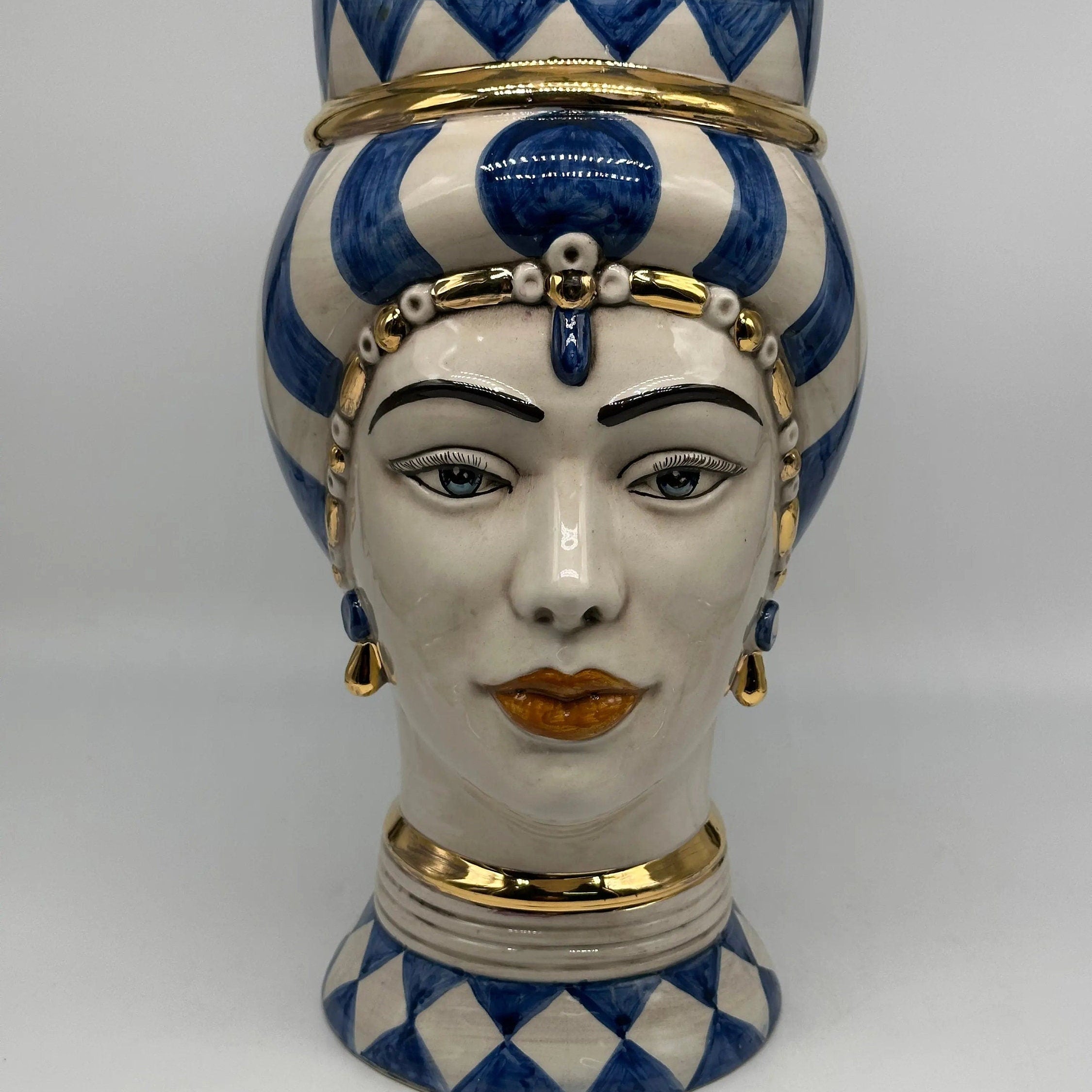 Teste di Moro Token Ceramica Caltagirone cm H.31 L.18 Artigianale Blu Bianco Oro DD CERAMICHE SICILIANE