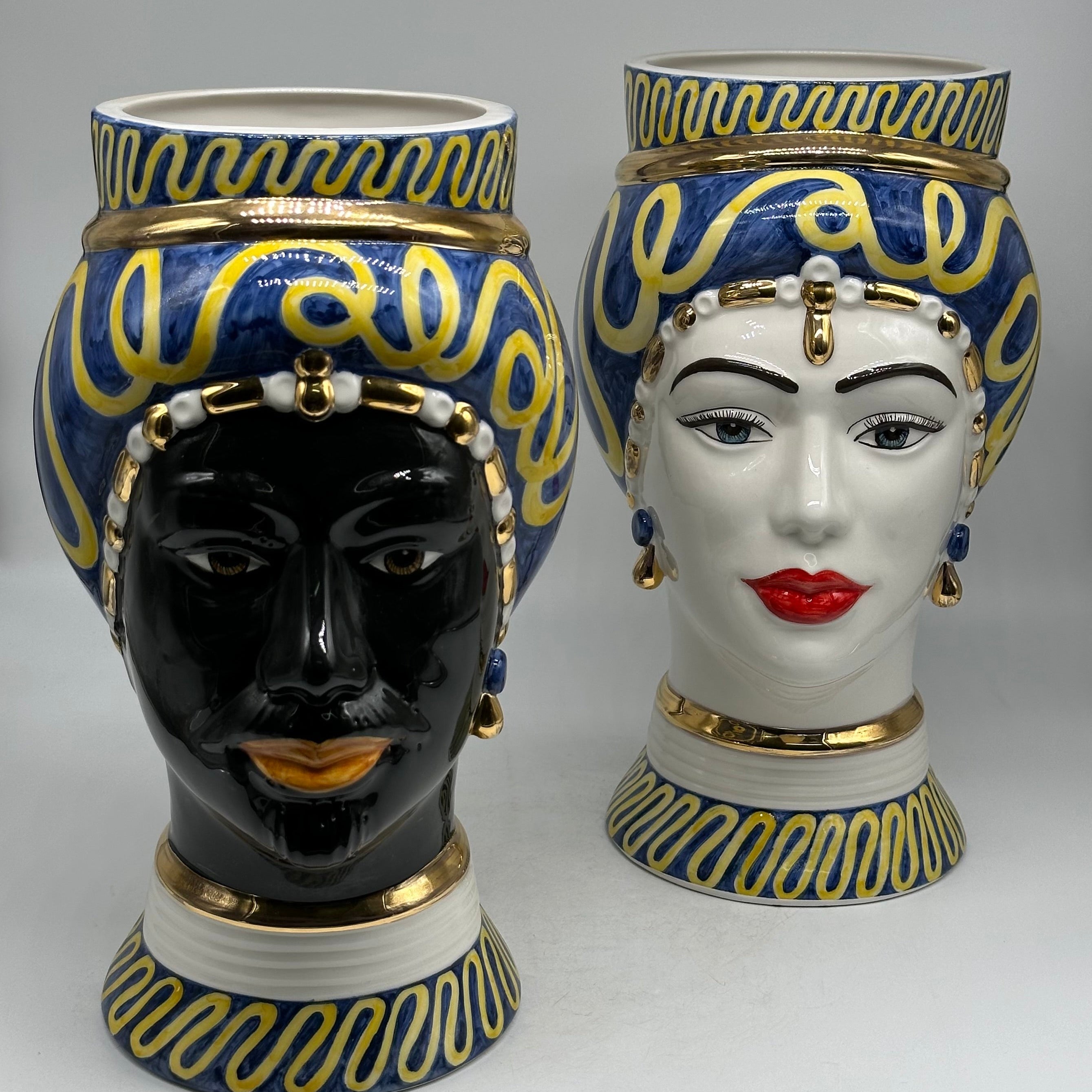 Teste di Moro Token Ceramica Caltagirone cm H.31 L.18 Artigianale Blu Giallo - TESTE DI MORO