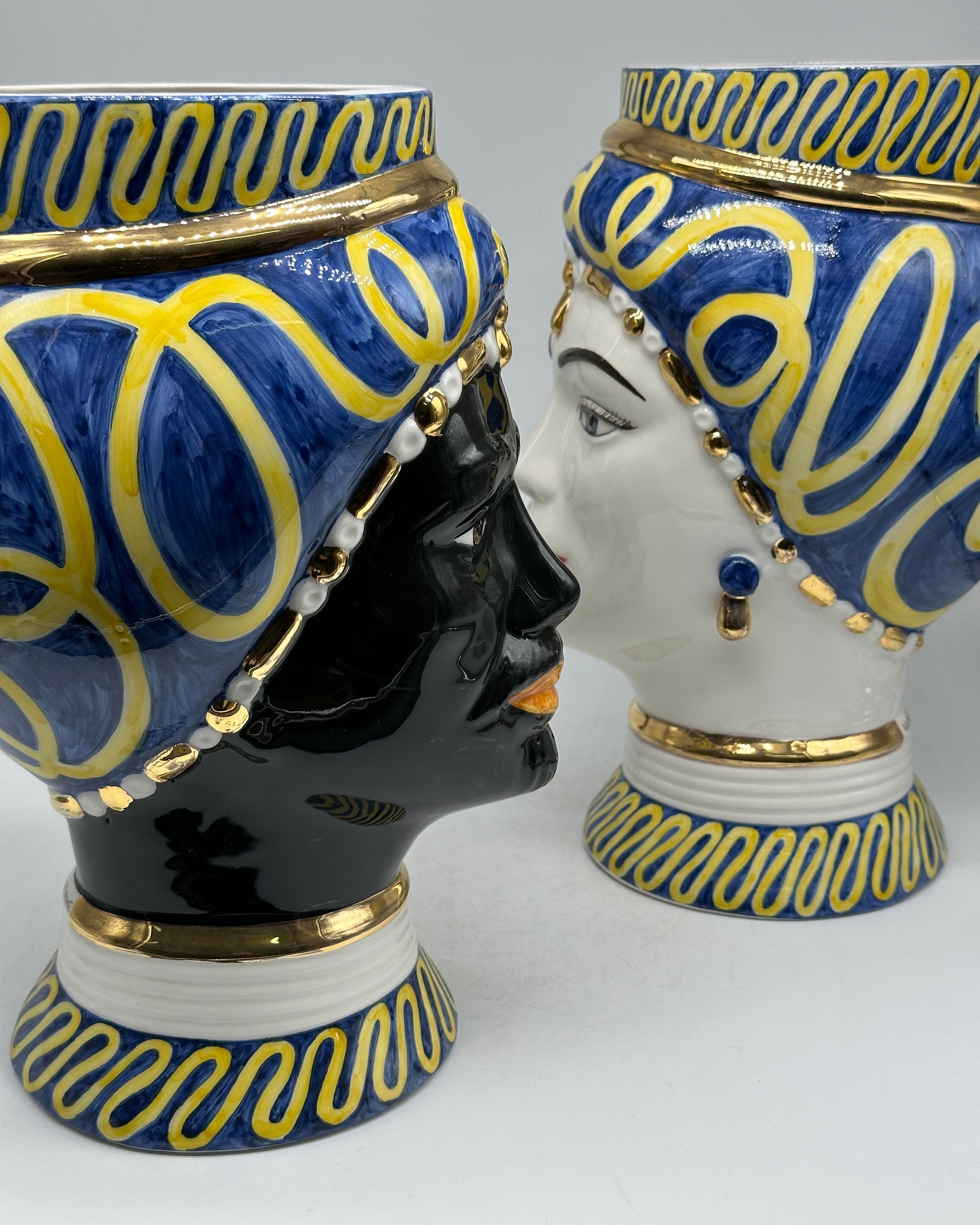 Teste di Moro Token Ceramica Caltagirone cm H.31 L.18 Artigianale Blu Giallo - TESTE DI MORO