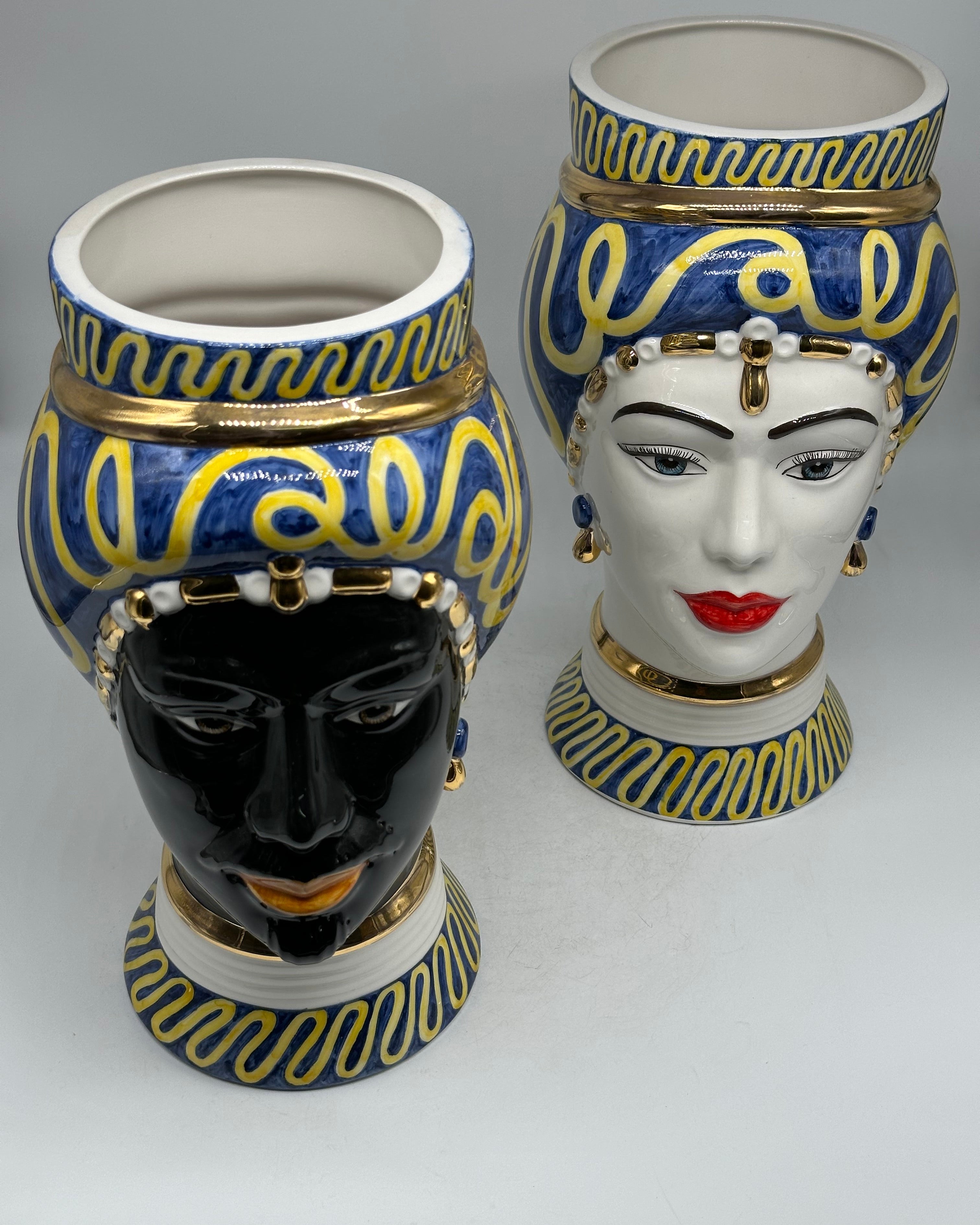 Teste di Moro Token Ceramica Caltagirone cm H.31 L.18 Artigianale Blu Giallo - TESTE DI MORO