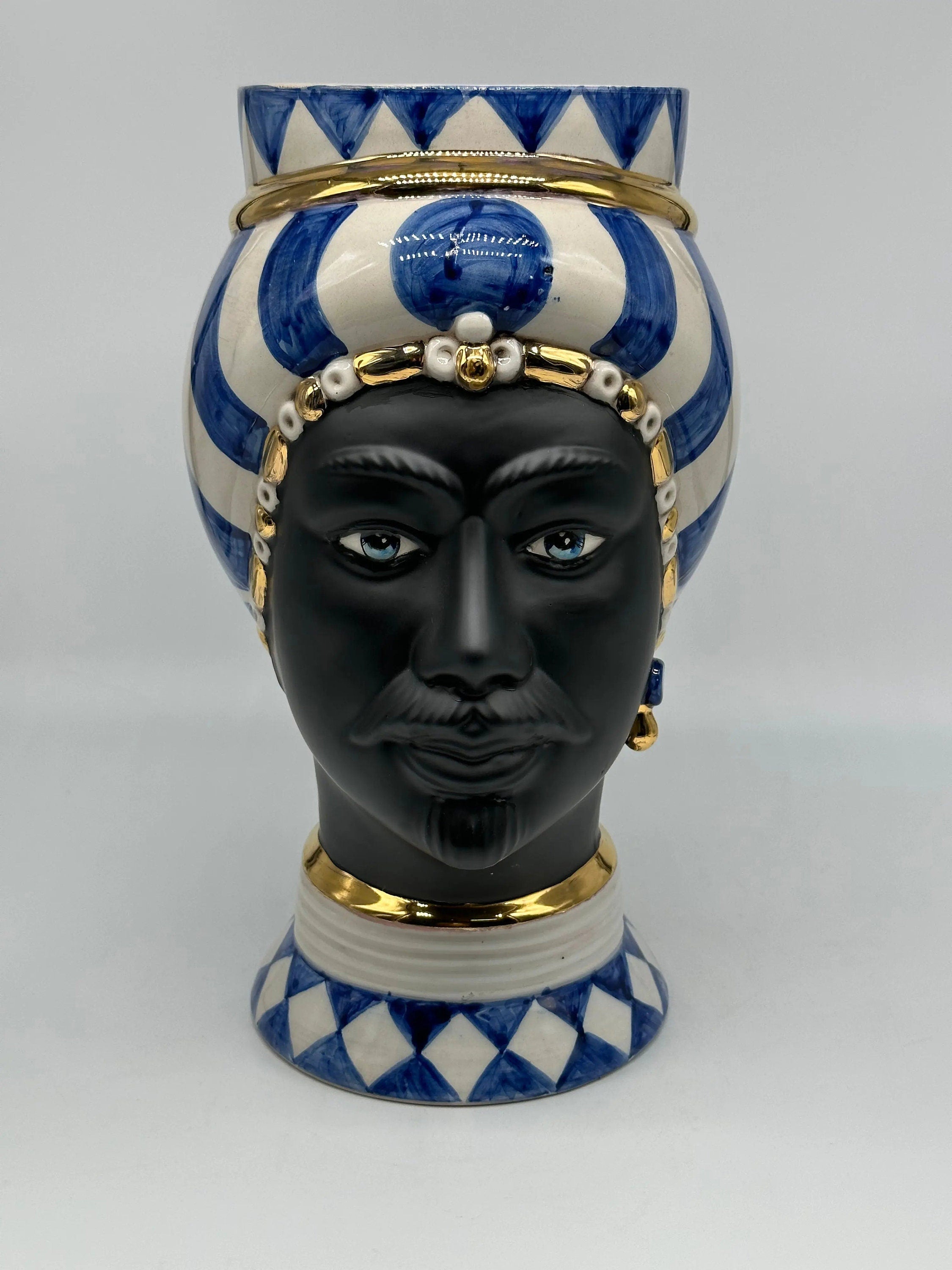 Teste di Moro Token Ceramica Caltagirone cm H.31 L.18 Artigianale Blu Bianco Oro DD CERAMICHE SICILIANE