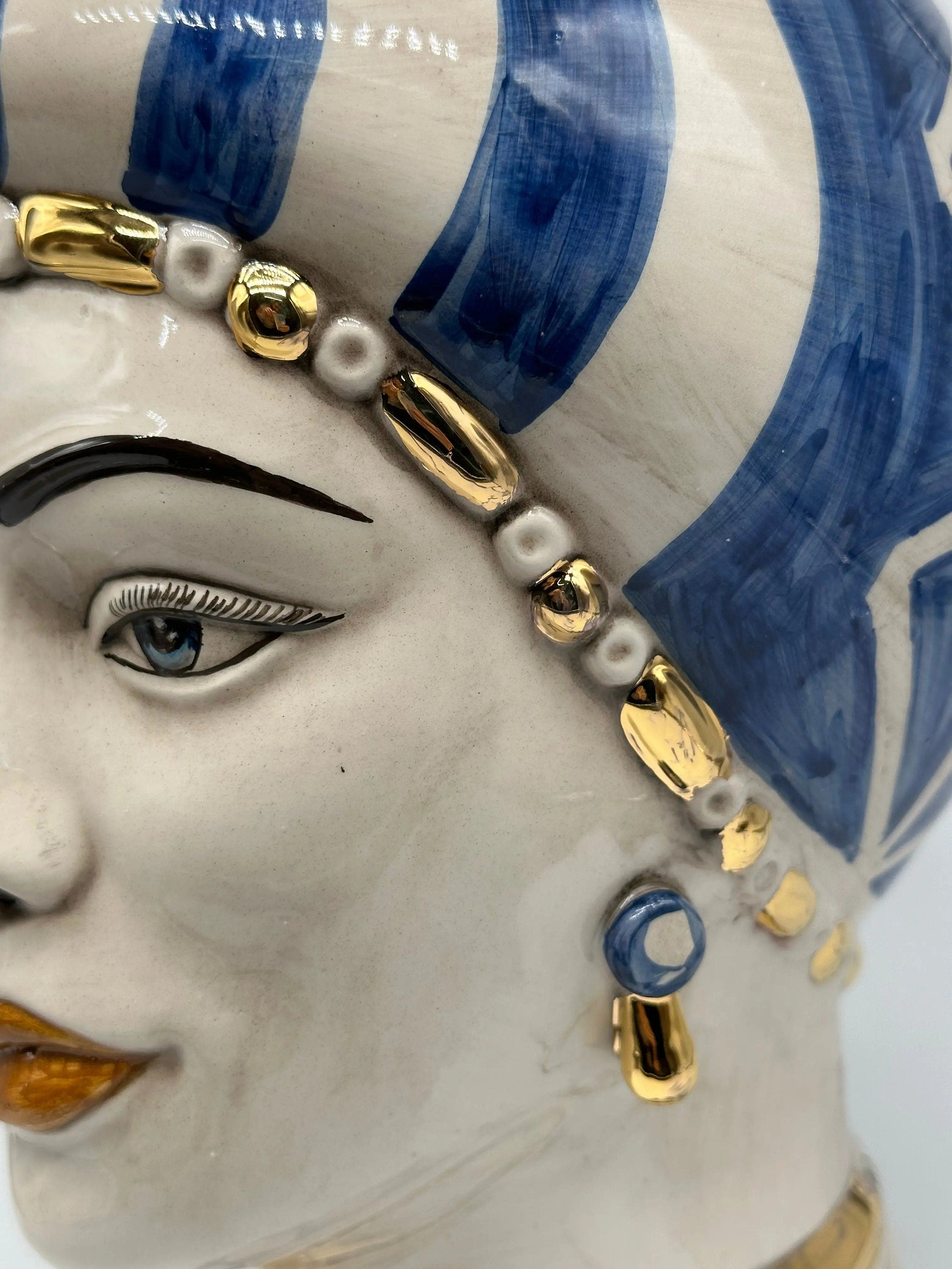 Teste di Moro Token Ceramica Caltagirone cm H.31 L.18 Artigianale Blu Bianco Oro DD CERAMICHE SICILIANE