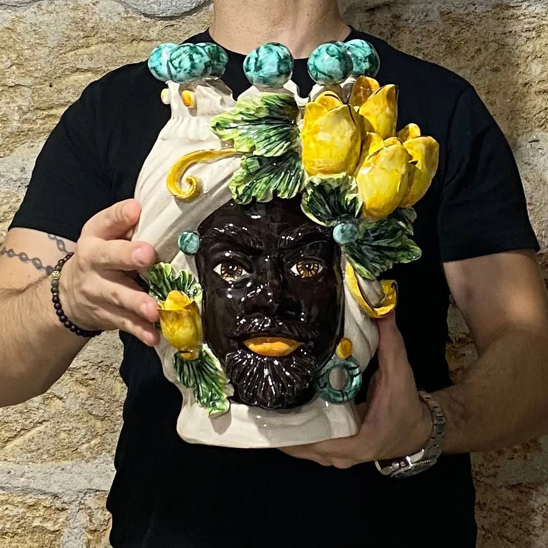 Teste di Moro Tulipani Ceramica Caltagirone cm H.30 L.23 Artigianale DD CERAMICHE SICILIANE