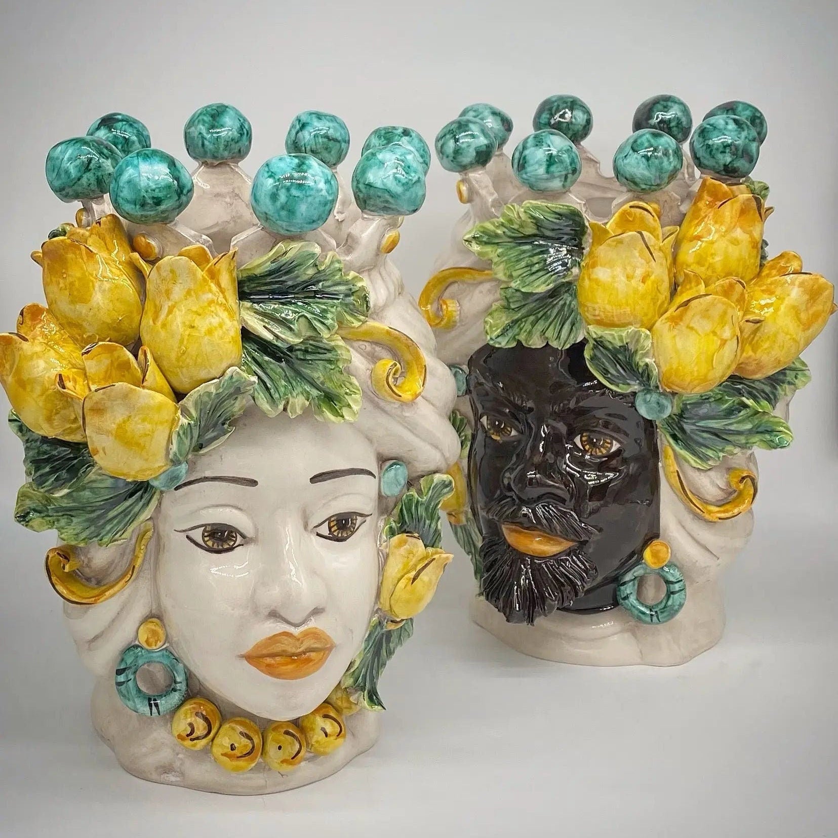 Teste di Moro Tulipani Ceramica Caltagirone cm H.30 L.23 Artigianale DD CERAMICHE SICILIANE