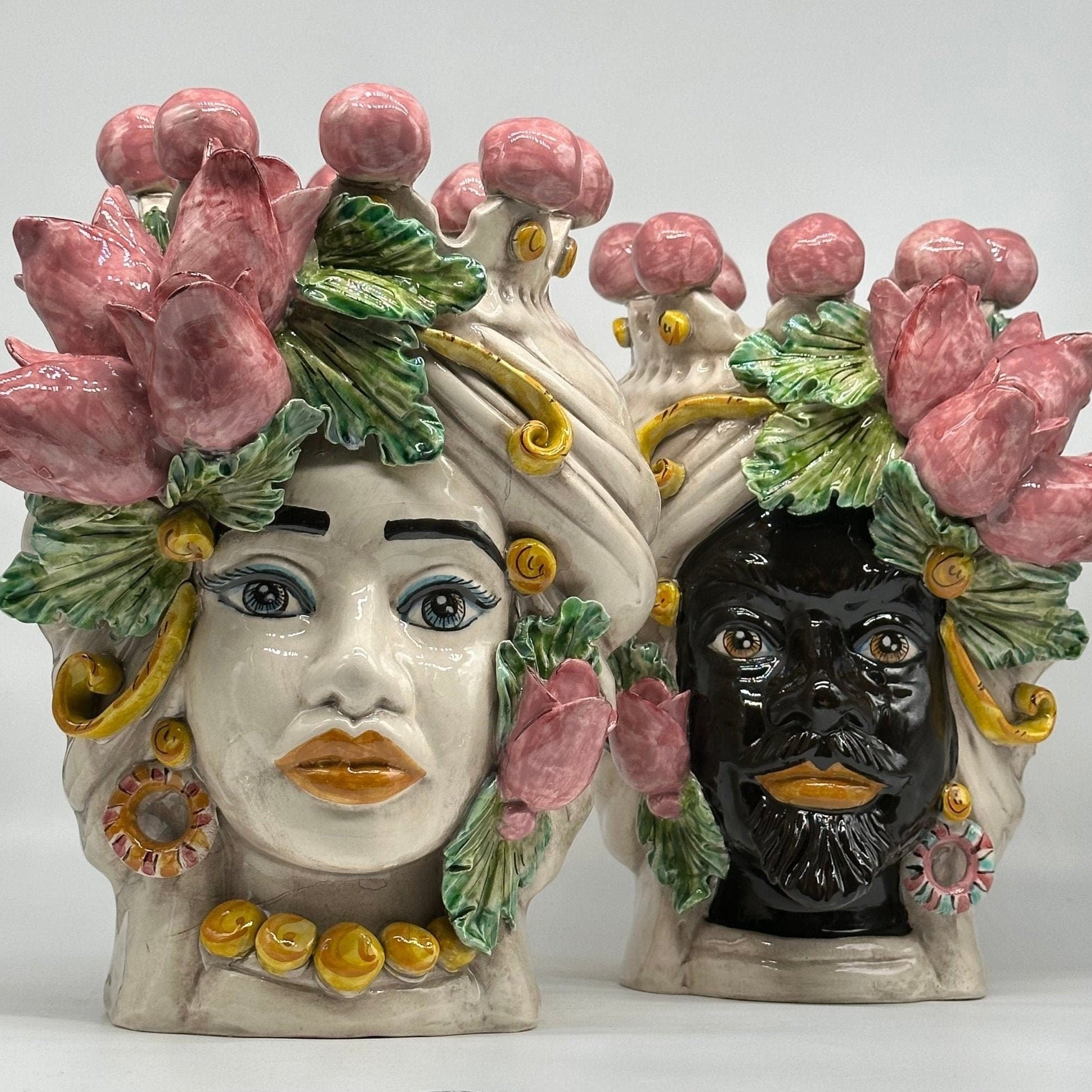 Teste di Moro Tulipani Risa Ceramica Caltagirone cm H.30 L.23 Artigianale - DD CERAMICHE SICILIANE