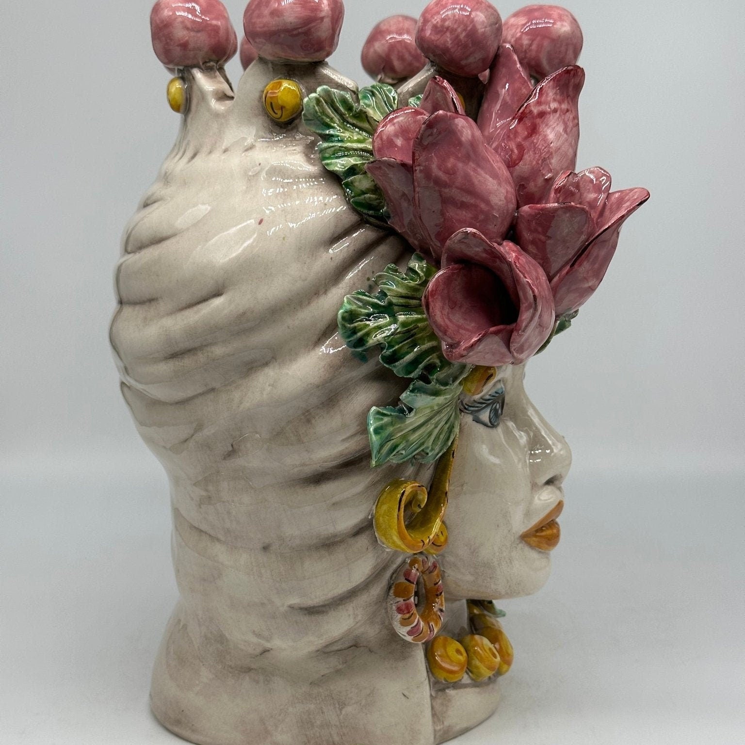 Teste di Moro Tulipani Risa Ceramica Caltagirone cm H.30 L.23 Artigianale - DD CERAMICHE SICILIANE