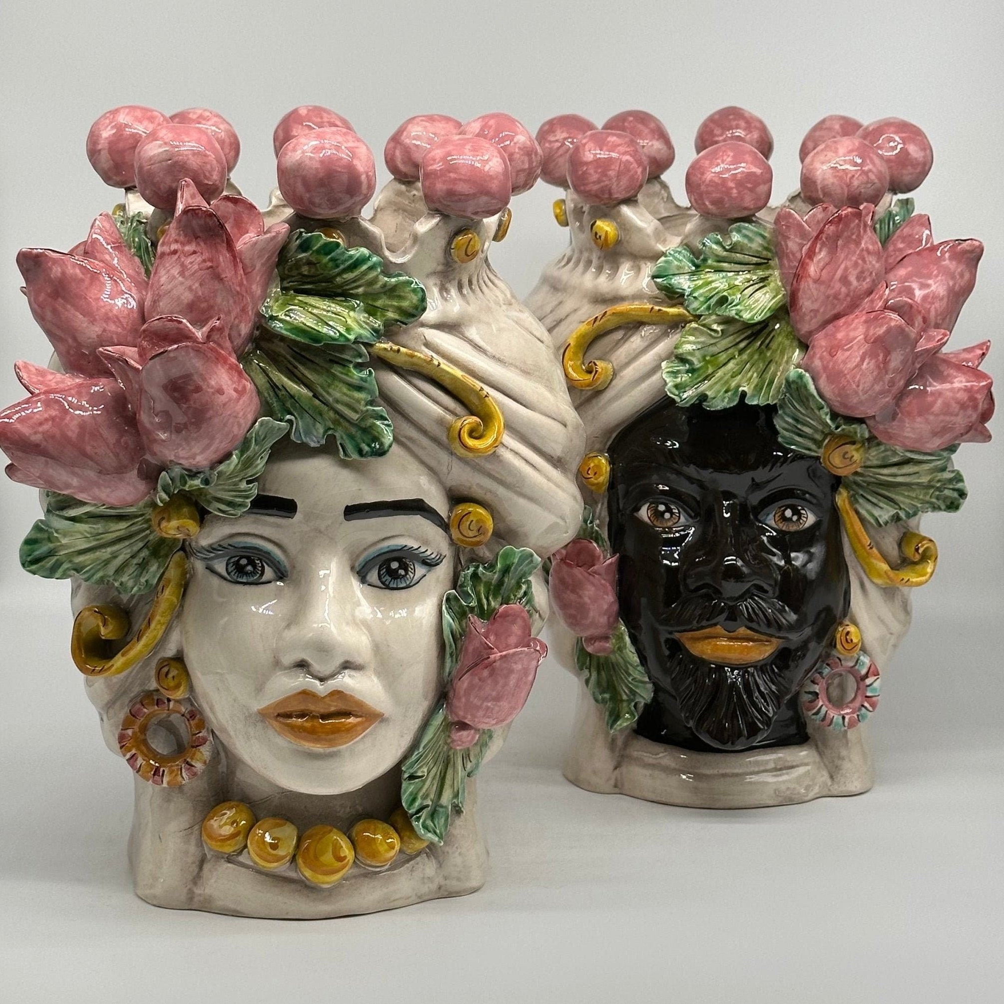 Teste di Moro Tulipani Risa Ceramica Caltagirone cm H.30 L.23 Artigianale - DD CERAMICHE SICILIANE