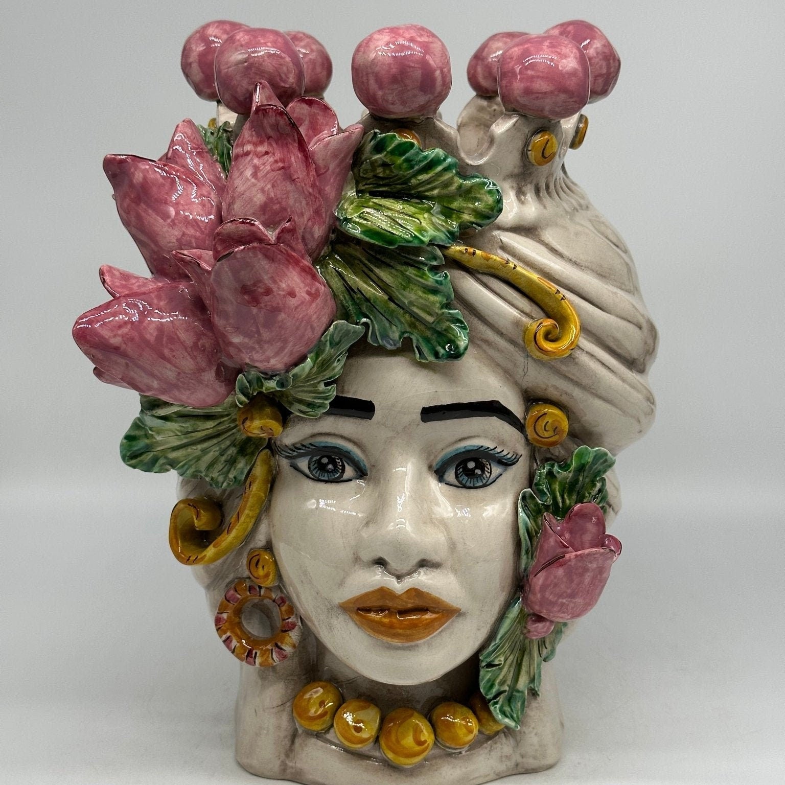Teste di Moro Tulipani Risa Ceramica Caltagirone cm H.30 L.23 Artigianale - DD CERAMICHE SICILIANE