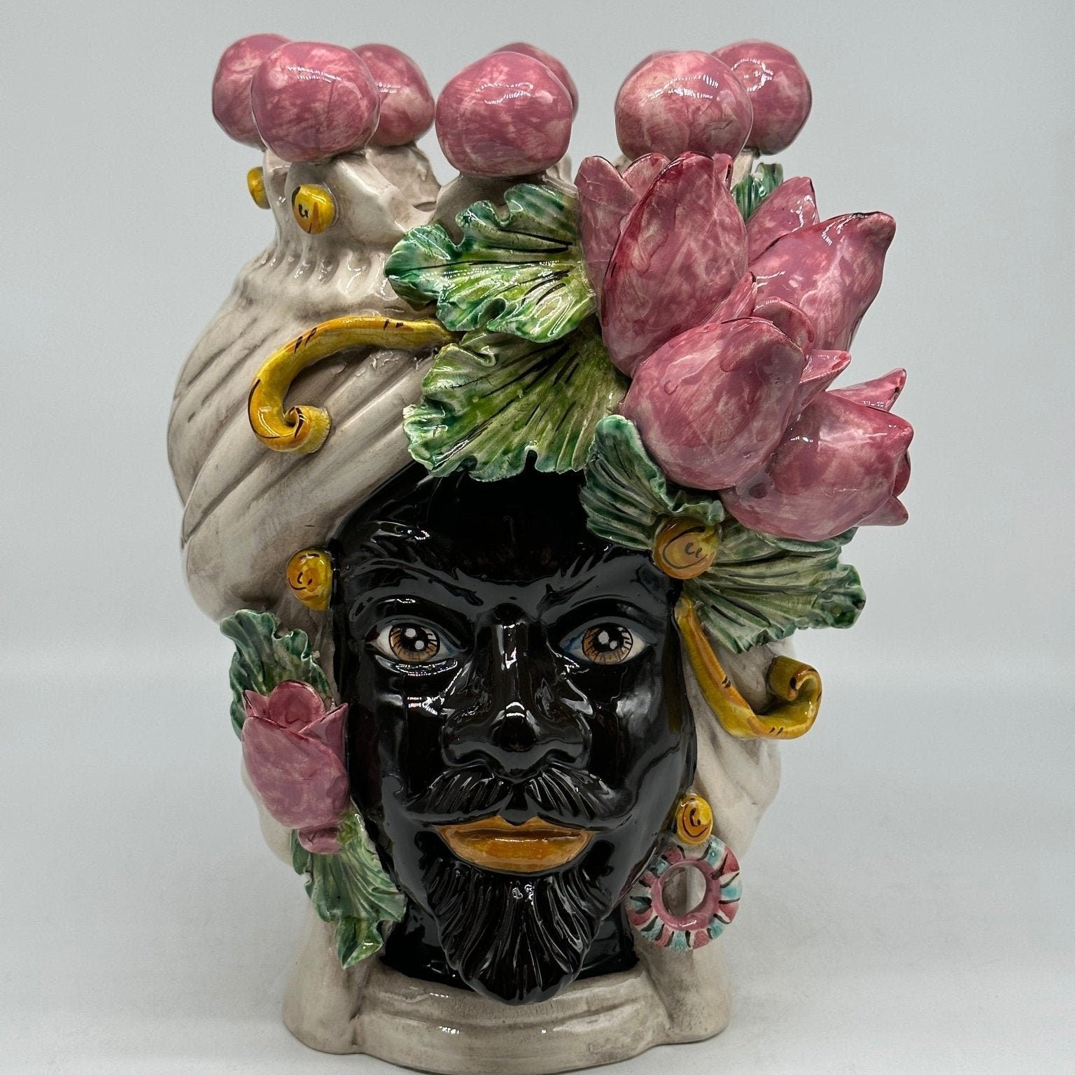 Teste di Moro Tulipani Risa Ceramica Caltagirone cm H.30 L.23 Artigianale - DD CERAMICHE SICILIANE