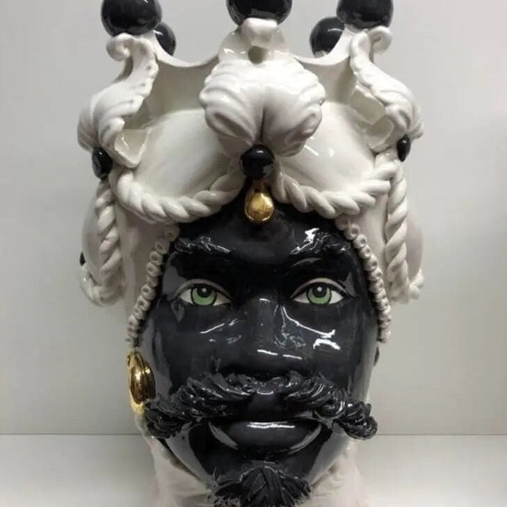 Teste di Moro Zefiro Ceramica Caltagirone cm H.43 L.26 Artigianale Bianco Nero Oro DD CERAMICHE SICILIANE