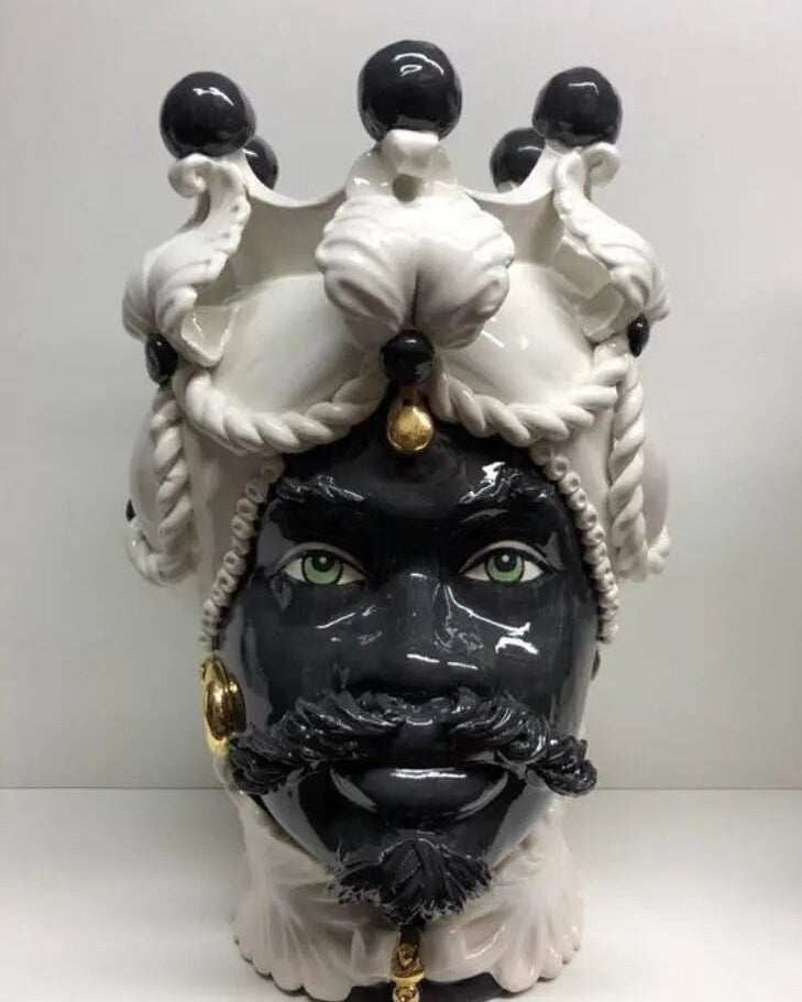 Teste di Moro Zefiro Ceramica Caltagirone cm H.43 L.26 Artigianale Bianco Nero Oro DD CERAMICHE SICILIANE