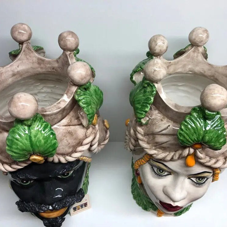 Teste di Moro Zefiro Ceramica Caltagirone cm H.43 L.26 Artigianale Écru Foglie Verde DD CERAMICHE SICILIANE