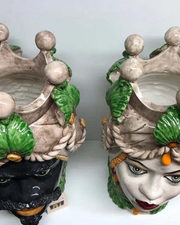 Teste di Moro Zefiro Ceramica Caltagirone cm H.43 L.26 Artigianale Écru Foglie Verde DD CERAMICHE SICILIANE