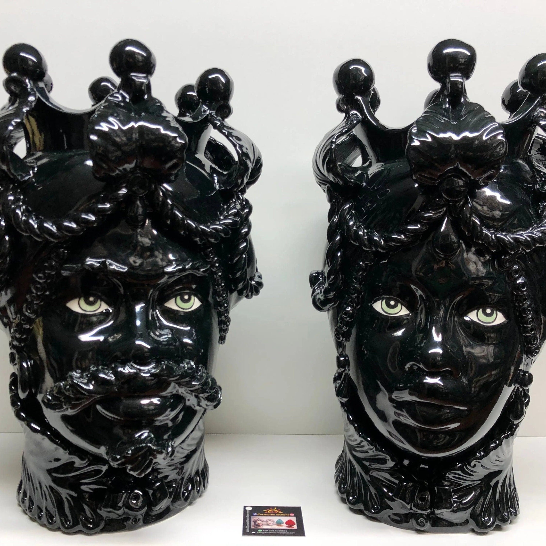 Teste di Moro Zefiro Ceramica Caltagirone cm H.43 L.26 Artigianale Nero Lucido Occhi Verde DD CERAMICHE SICILIANE