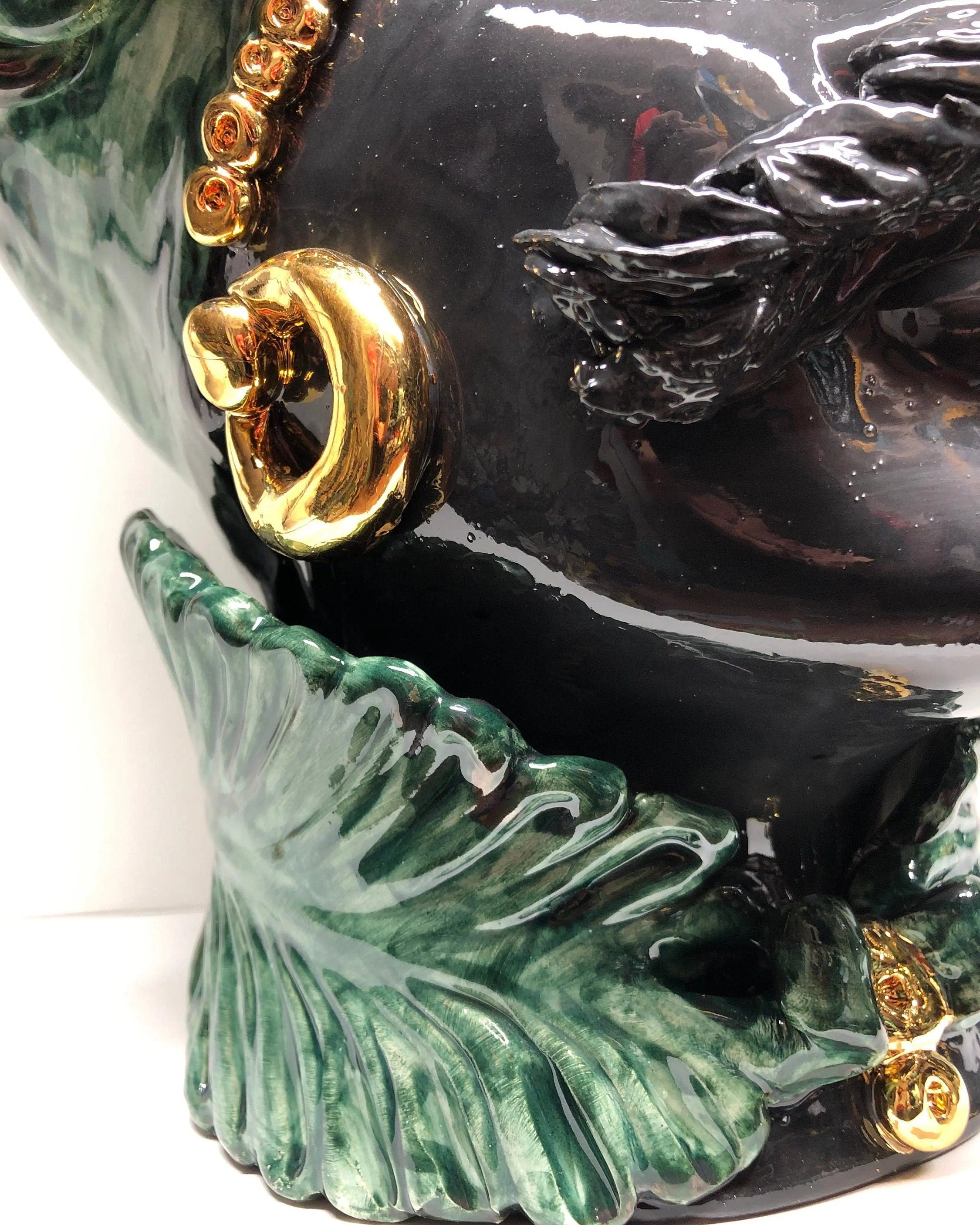 Teste di Moro Zefiro Ceramica Caltagirone cm H.43 L.26 Artigianale Verde Nero Oro DD CERAMICHE SICILIANE