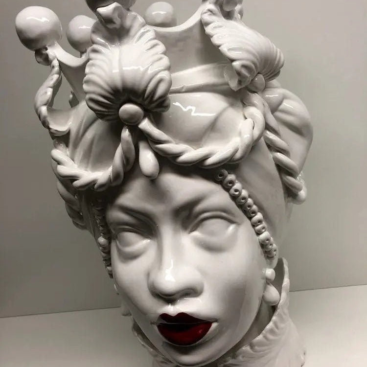 Teste di Moro Zefiro Ceramica Caltagirone cm H.43 L.26 Artigianale Bianco Labbra Rosse DD CERAMICHE SICILIANE
