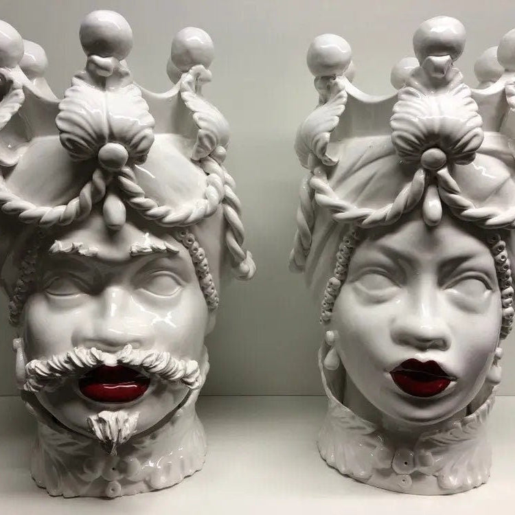 Teste di Moro Zefiro Ceramica Caltagirone cm H.43 L.26 Artigianale Bianco Labbra Rosse DD CERAMICHE SICILIANE