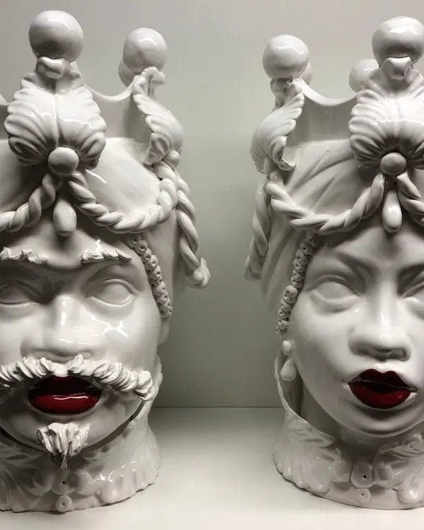 Teste di Moro Zefiro Ceramica Caltagirone cm H.43 L.26 Artigianale Bianco Labbra Rosse DD CERAMICHE SICILIANE