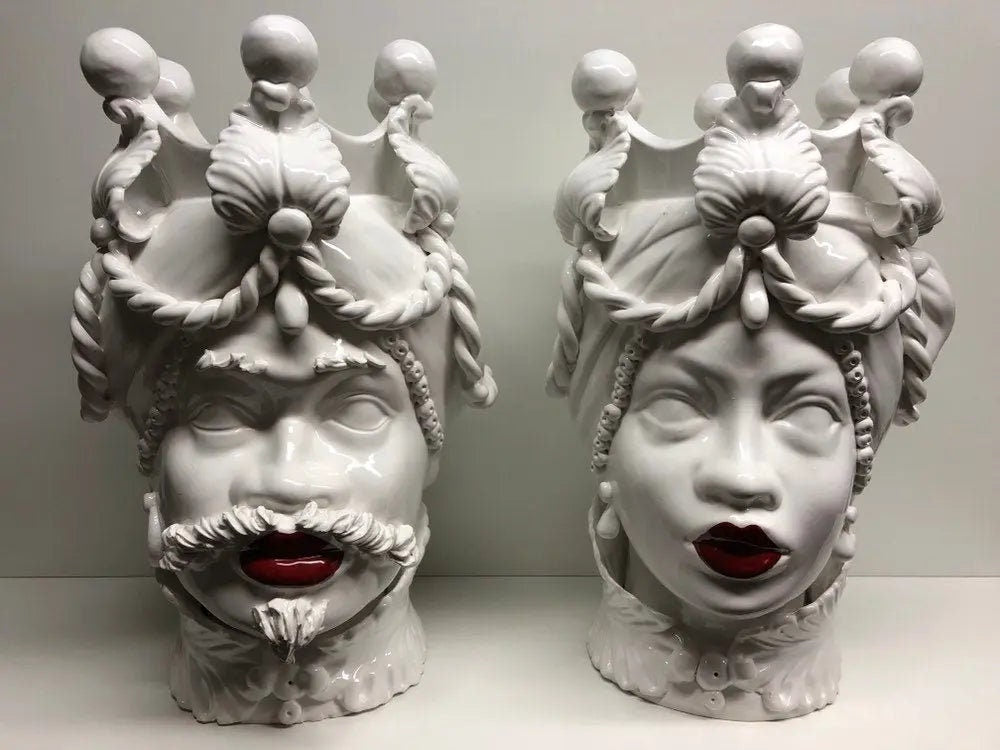 Teste di Moro Zefiro Ceramica Caltagirone cm H.43 L.26 Artigianale Bianco Labbra Rosse DD CERAMICHE SICILIANE
