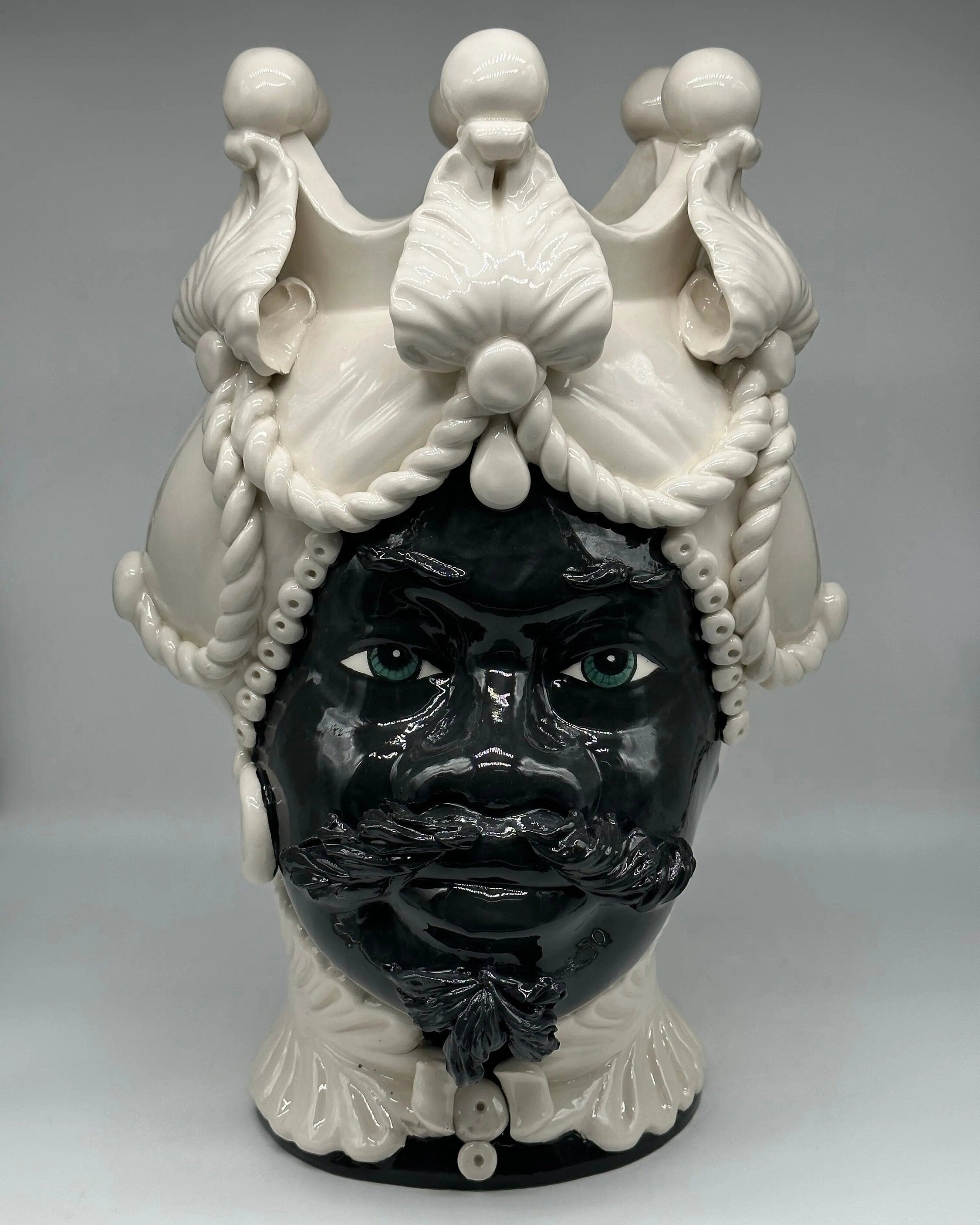 Teste di Moro Zefiro Ceramica Caltagirone cm H.43 L.26 Artigianale Bianco Nero DD CERAMICHE SICILIANE
