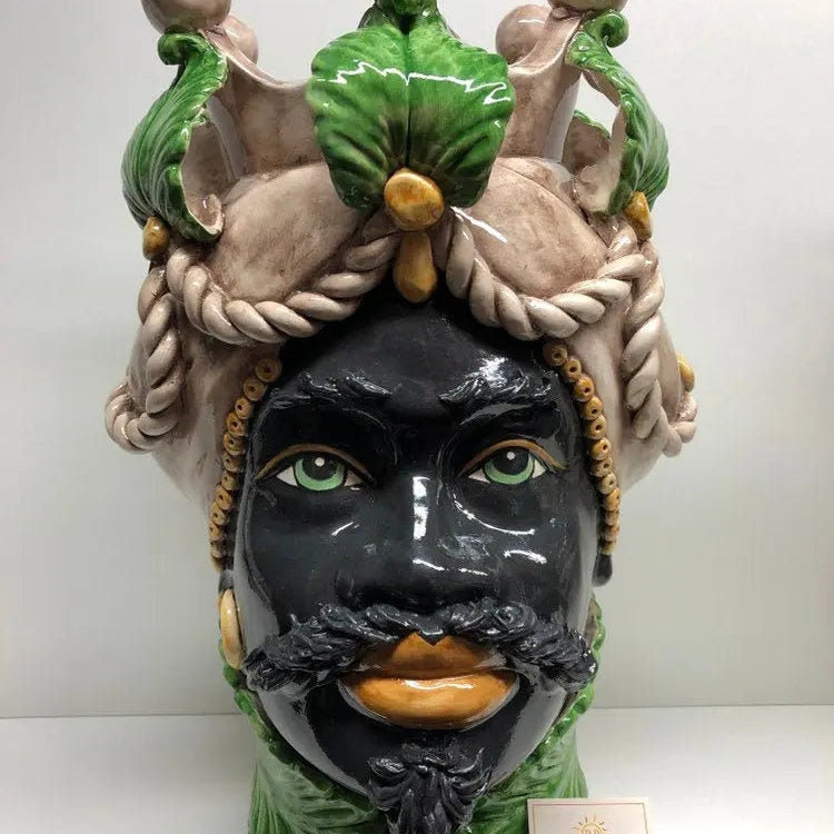Teste di Moro Zefiro Ceramica Caltagirone cm H.43 L.26 Artigianale Écru Foglie Verde DD CERAMICHE SICILIANE