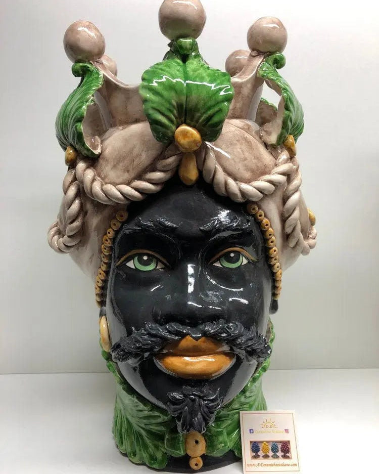 Teste di Moro Zefiro Ceramica Caltagirone cm H.43 L.26 Artigianale Écru Foglie Verde DD CERAMICHE SICILIANE