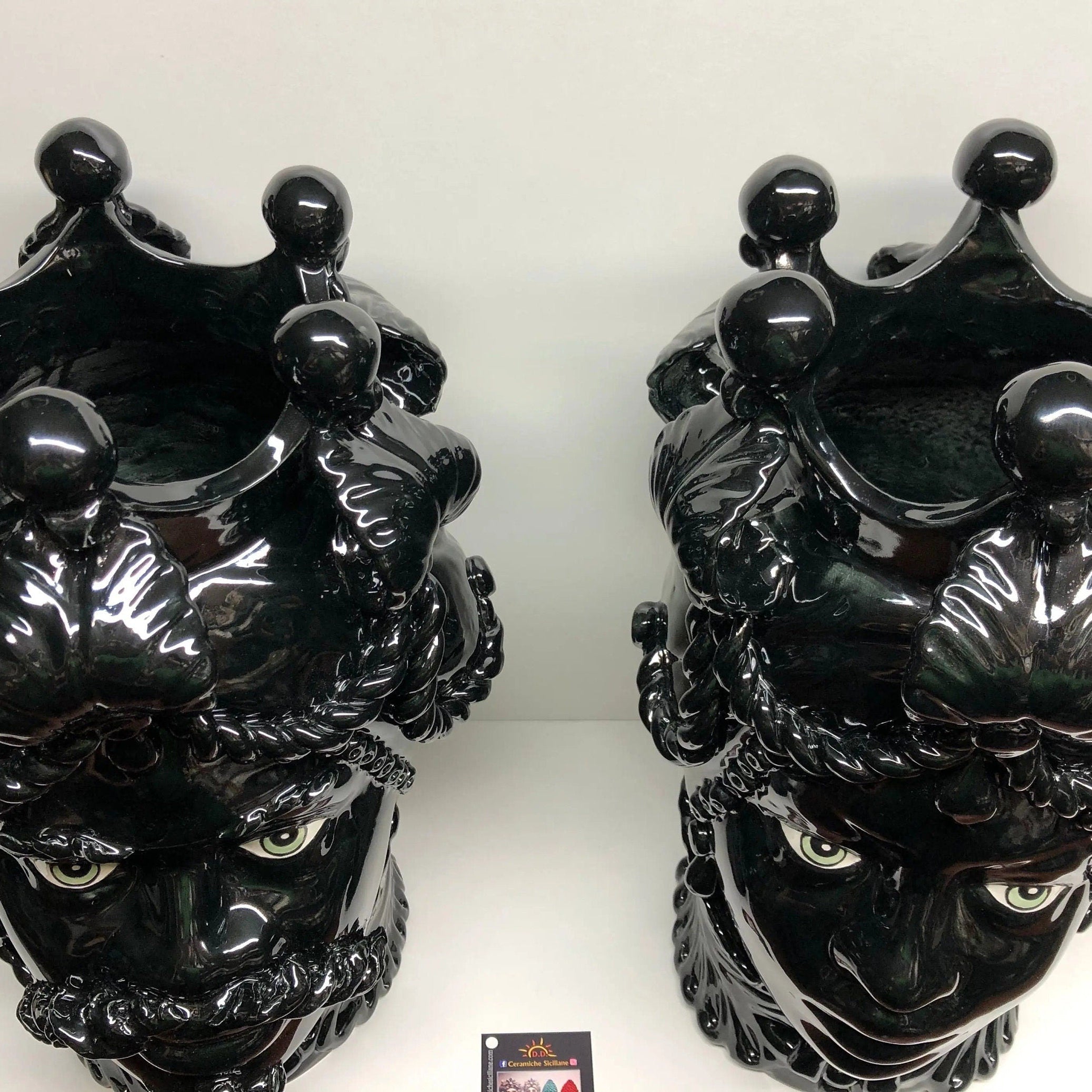 Teste di Moro Zefiro Ceramica Caltagirone cm H.43 L.26 Artigianale Nero Lucido Occhi Verde DD CERAMICHE SICILIANE