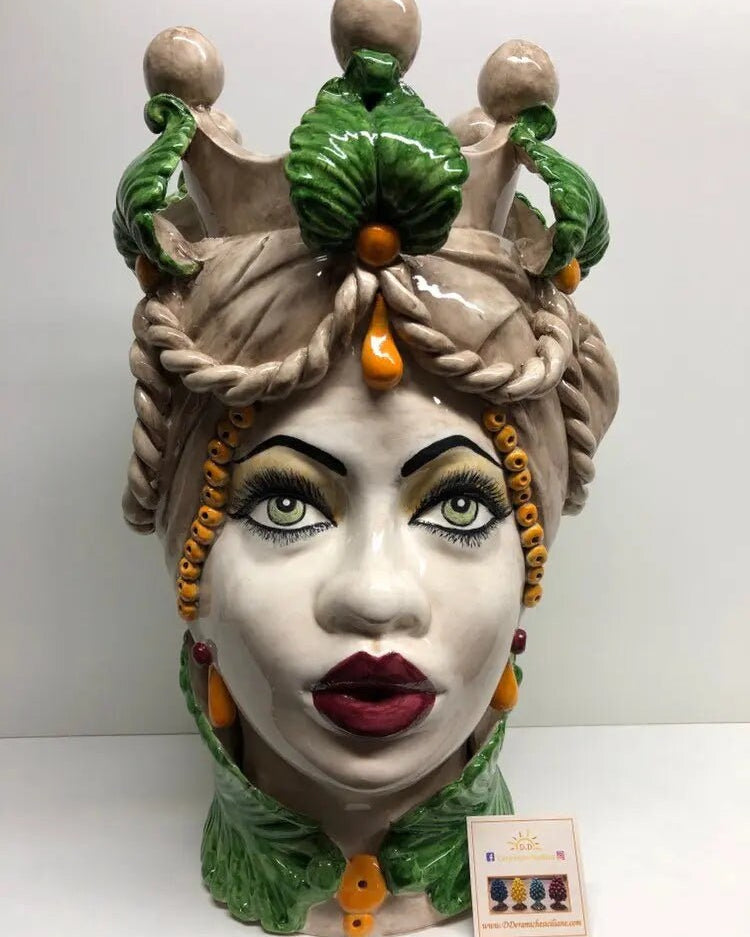 Teste di Moro Zefiro Ceramica Caltagirone cm H.43 L.26 Artigianale Écru Foglie Verde DD CERAMICHE SICILIANE