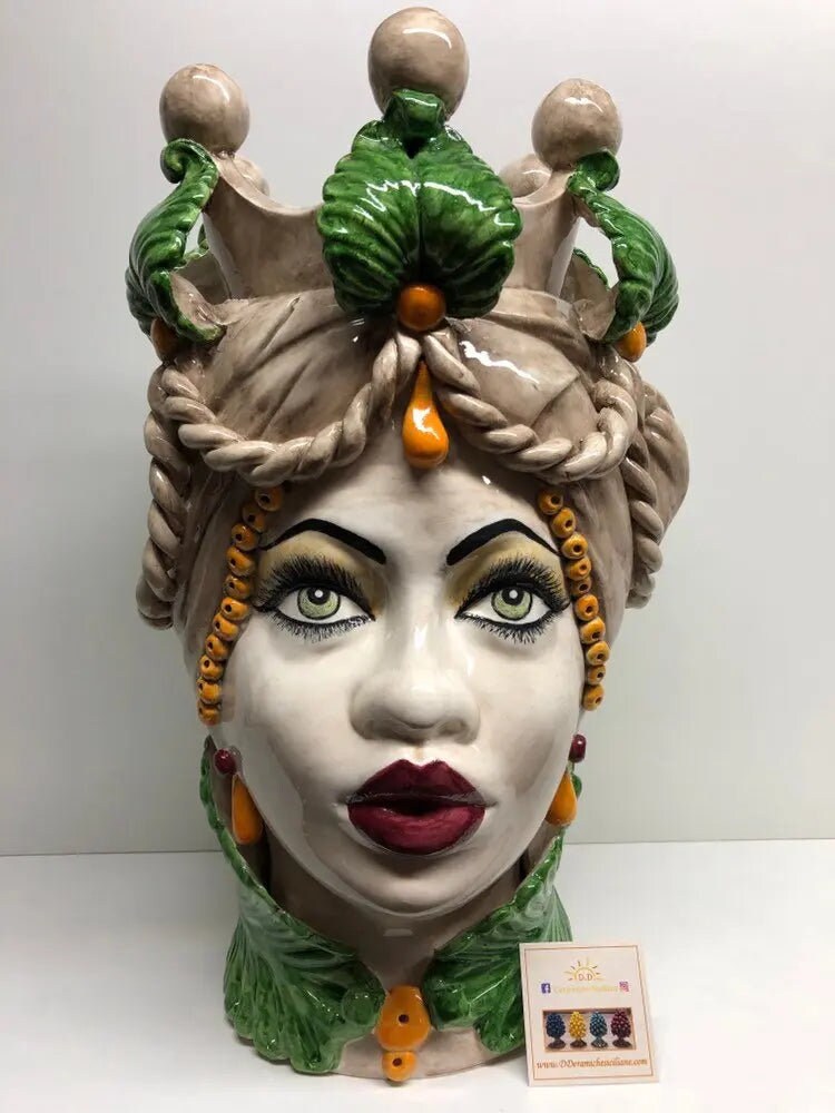 Teste di Moro Zefiro Ceramica Caltagirone cm H.43 L.26 Artigianale Écru Foglie Verde DD CERAMICHE SICILIANE