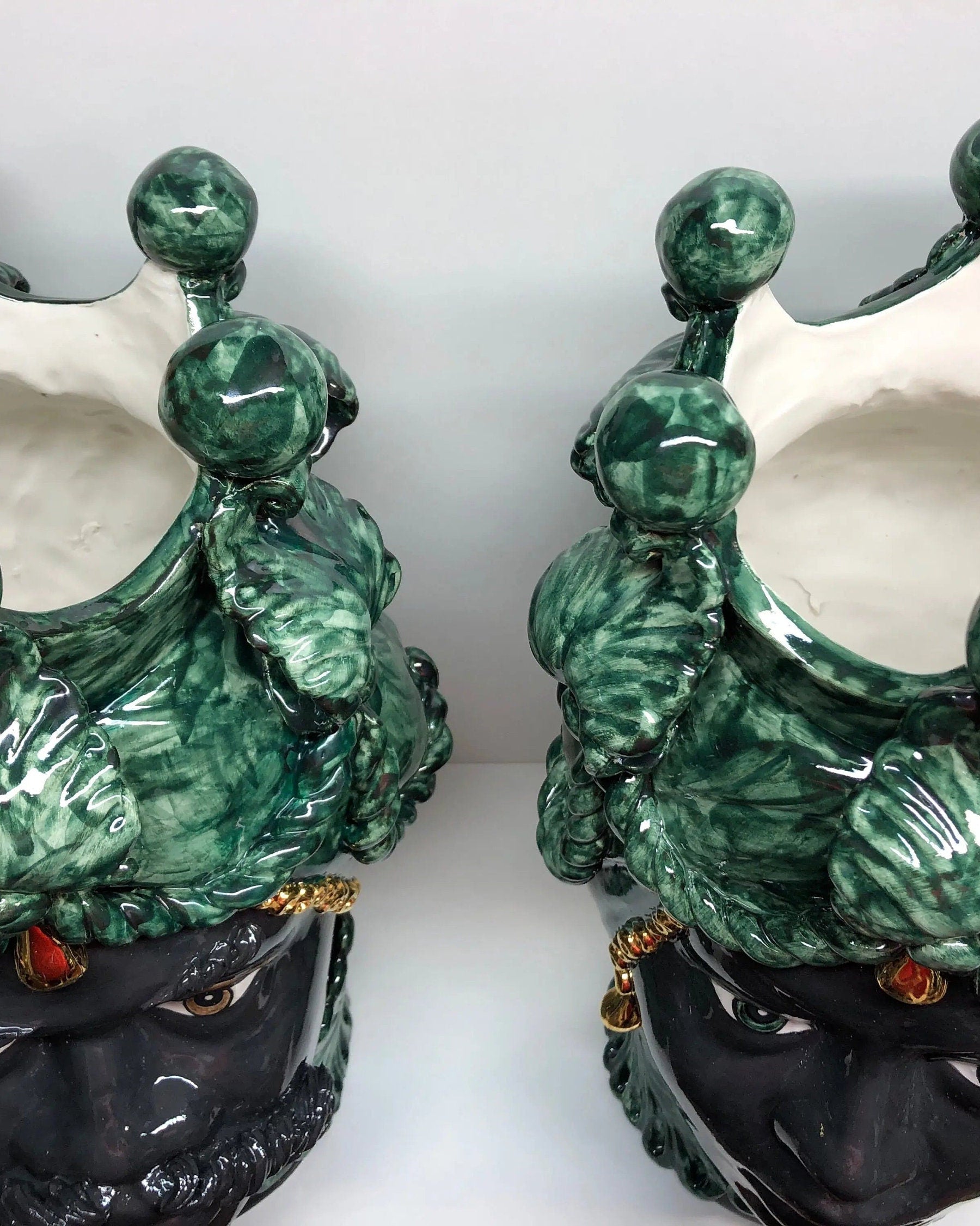 Teste di Moro Zefiro Ceramica Caltagirone cm H.43 L.26 Artigianale Verde Nero Oro DD CERAMICHE SICILIANE