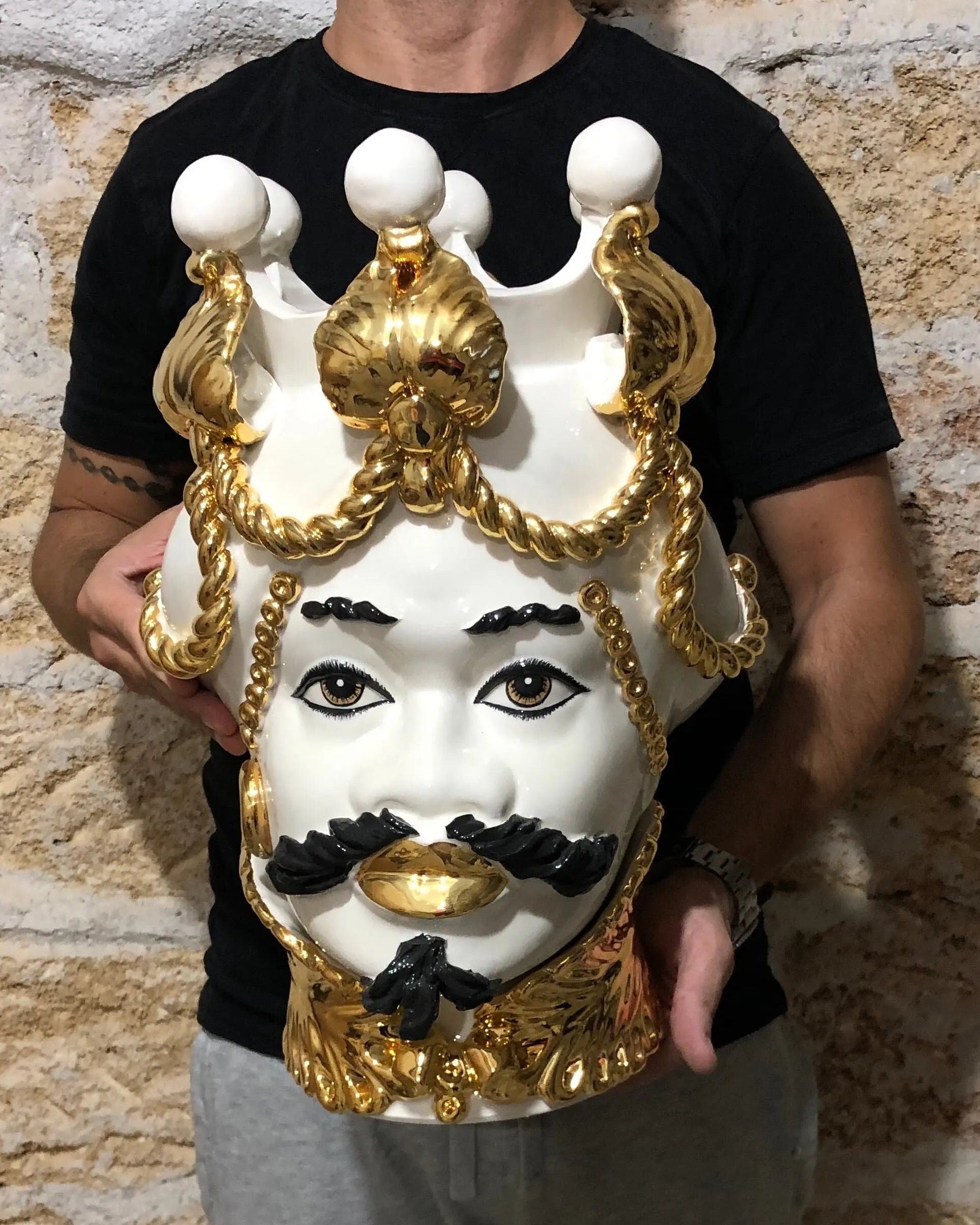 Teste di Moro Zefiro Ceramica Caltagirone cm H.43 L.26 Artigianale Bianco Oro Viso Chiaro DD CERAMICHE SICILIANE