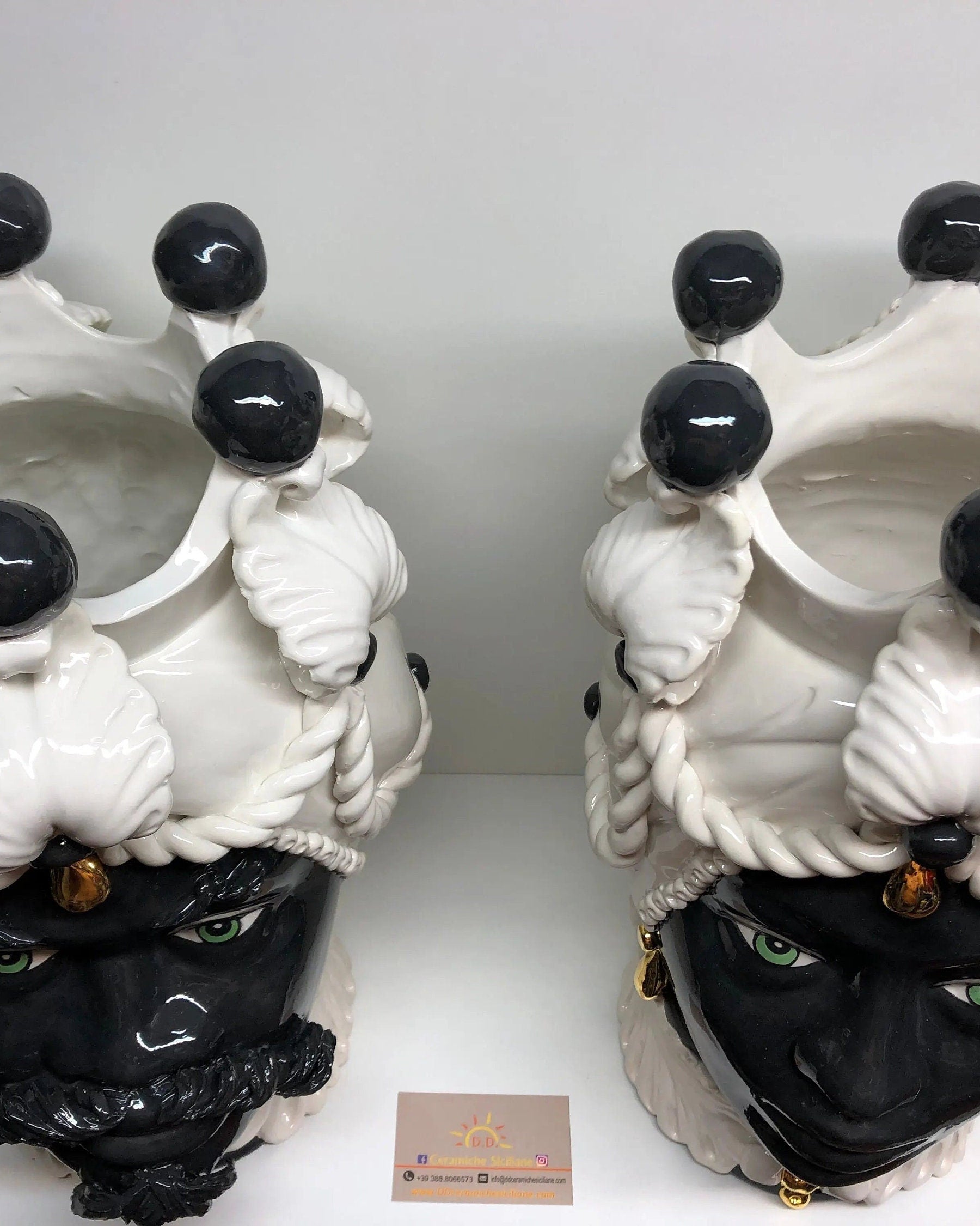 Teste di Moro Zefiro Ceramica Caltagirone cm H.43 L.26 Artigianale Bianco Nero Oro DD CERAMICHE SICILIANE